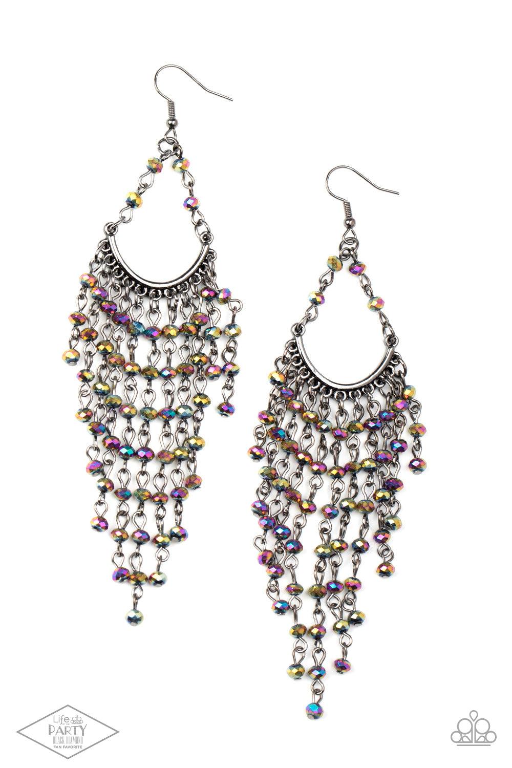Paparazzi Accessories Metro Confetti - Multi Oil spill rhinestone beaded tassels cascade from the bottom of a bowing gunmetal bar, creating an ethereal tapered fringe. Earring attaches to a standard fishhook fitting. Sold as one pair of earrings. Earrings