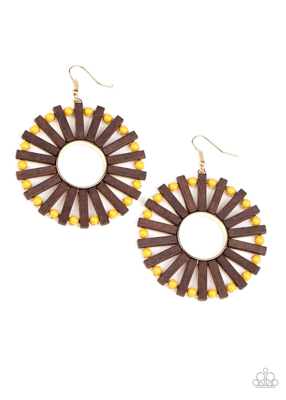 Paparazzi Accessories Solar Flare - Yellow Separated by dainty yellow beads, a series of wooden rectangular frames fan out from a golden ringed center for an earthy flair. Earring attaches to a standard fishhook fitting. Sold as one pair of earrings. Jewe