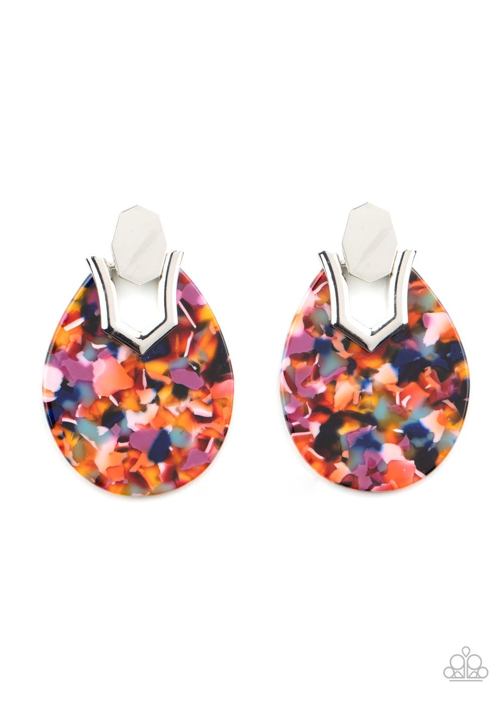 Paparazzi Accessories HAUTE Flash - Multi Speckled in a colorful tortoise shell-like pattern, a teardrop acrylic frame fastens to a shiny silver fitting for a trendy retro look. Earring attaches to a standard post fitting. Sold as one pair of post earring