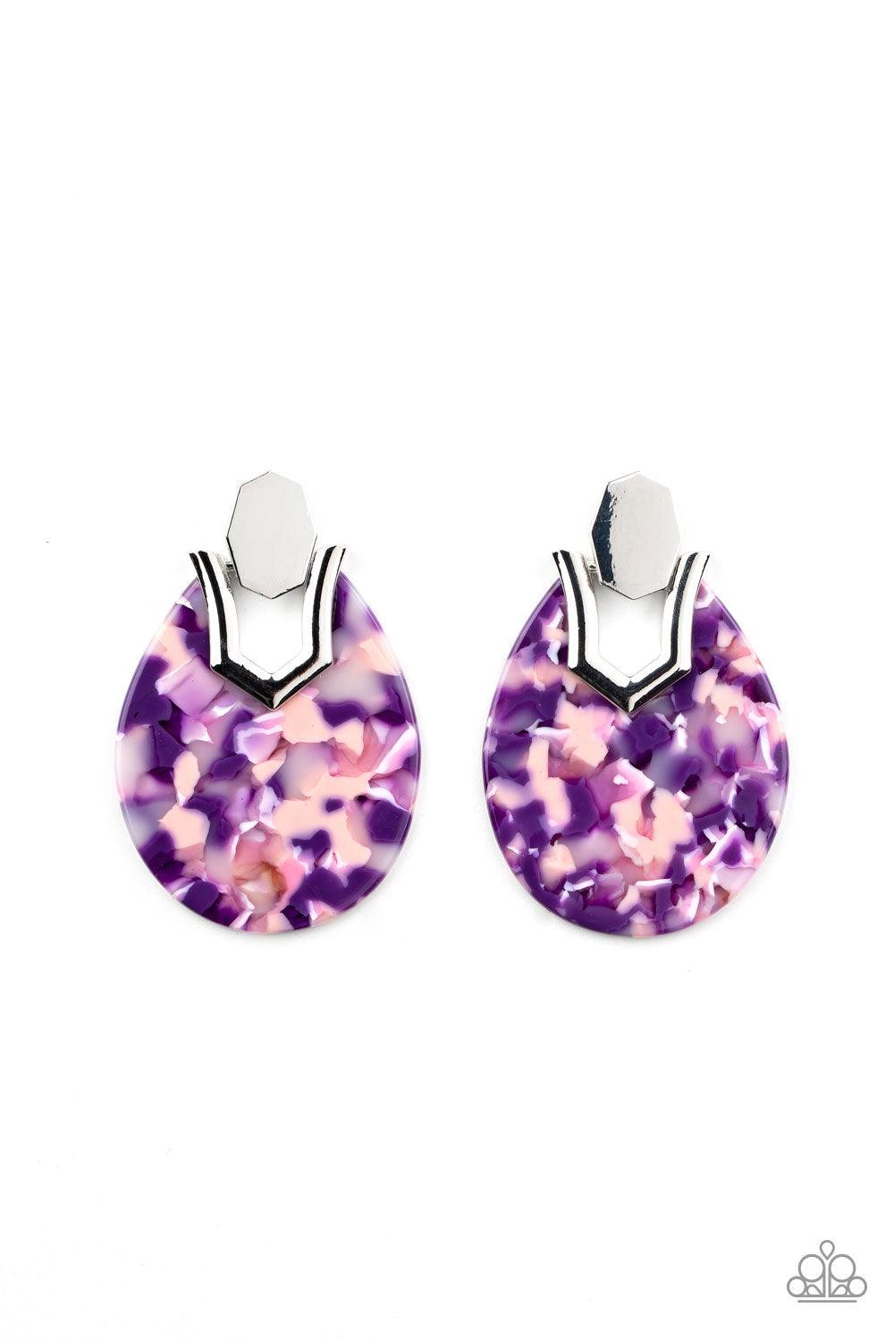 Paparazzi Accessories HAUTE Flash - Purple Speckled in a colorful purple and pink tortoise shell-like pattern, a teardrop acrylic frame fastens to a shiny silver fitting for a trendy retro look. Earring attaches to a standard post fitting. Sold as one pai