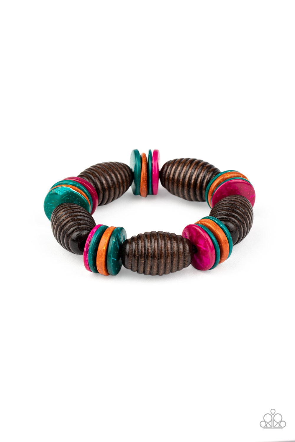 Paparazzi Accessories Caribbean Castaway - Multi A summery collection of oversized brown wooden beads and distressed multicolored wooden discs are delicately threaded along stretchy bands around the wrist for a beach inspired fashion. Sold as one individu