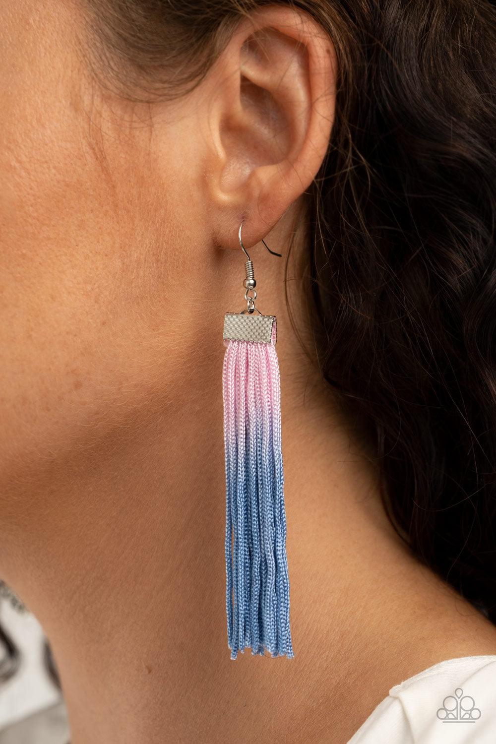 Paparazzi Accessories Dual Immersion - Pink Colorful threaded tassels gradually darken from pink to blue, creating a vivacious fringe at the bottom of a hammered silver fitting. Earring attaches to a standard fishhook fitting. Sold as one pair of earrings