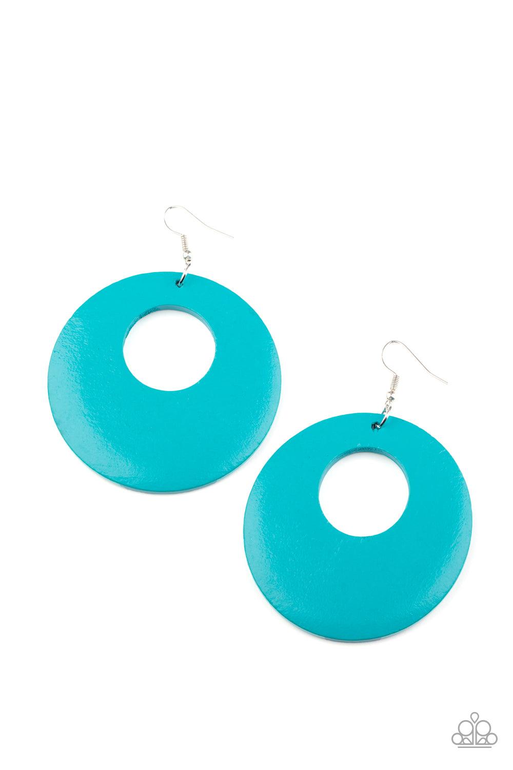 Paparazzi Accessories Island Hop - Blue Painted in a refreshing blue hue, an oversized wooden hoop-like frame swings from the ear for a colorful look. Earring attaches to a standard fishhook fitting. Sold as one pair of earrings. Jewelry