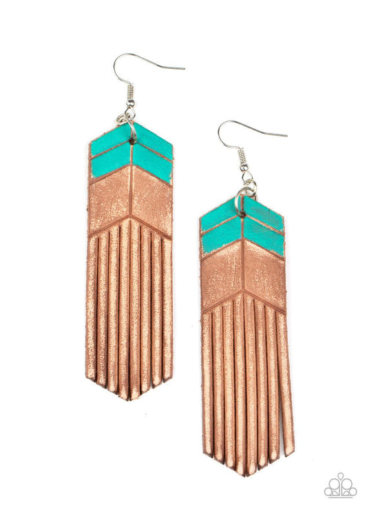 Paparazzi Accessories Desert Trails - Blue Painted in turquoise chevron-like details, a distressed leather frame is spliced into tasseled ends, creating an earthy fringe. Earring attaches to a standard fishhook fitting Sold as one pair of earrings. Jewelr