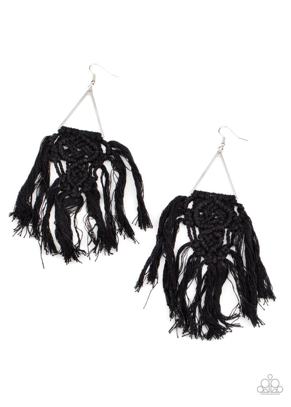 Paparazzi Accessories Modern Day Macrame - Black Black threaded tassels ornately knot at the bottom of a shimmery silver triangular frame, creating a macramé inspired fringe. Earring attaches to a standard fishhook fitting. Sold as one pair of earrings. J