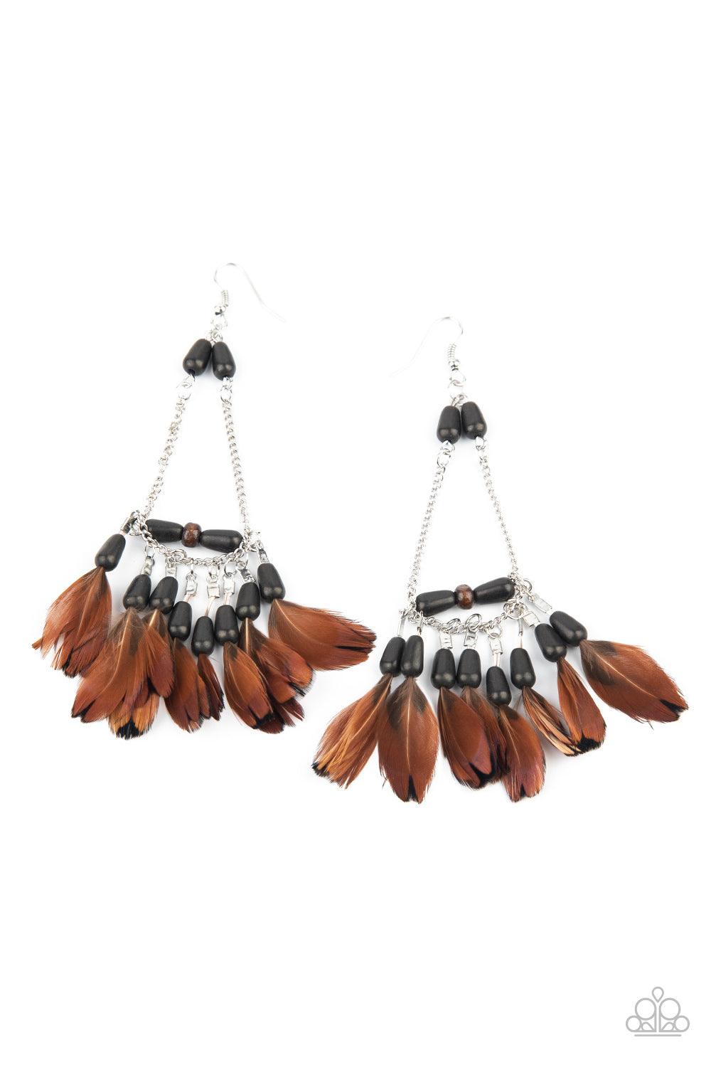 Paparazzi Accessories Haute Hawk - Black Infused with a wooden accent, an earthy assortment of black stone teardrop beads and dainty brown feathers create a free-spirited fringe at the bottom of a shimmery silver chain teardrop for a wildly wonderful fini