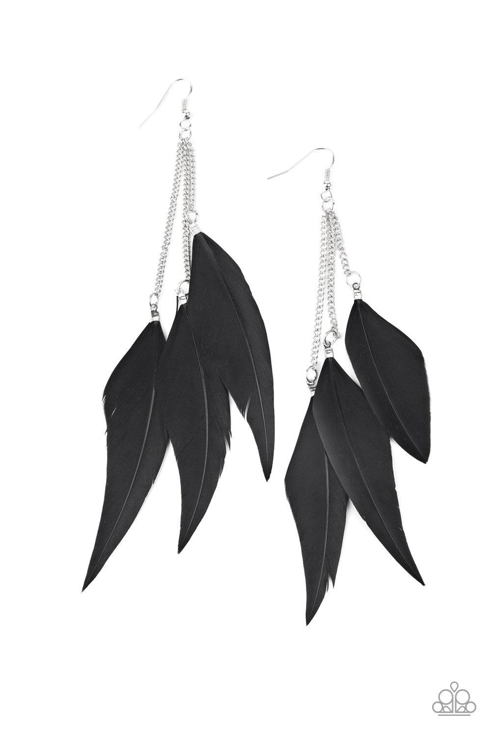 Paparazzi Accessories West Side Western - Black Attached to dainty silver chains, a whimsical collection of black feathers cascade from the ear for an earthy flair. Earring attaches to a standard fishhook fitting. Sold as one pair of earrings. Jewelry