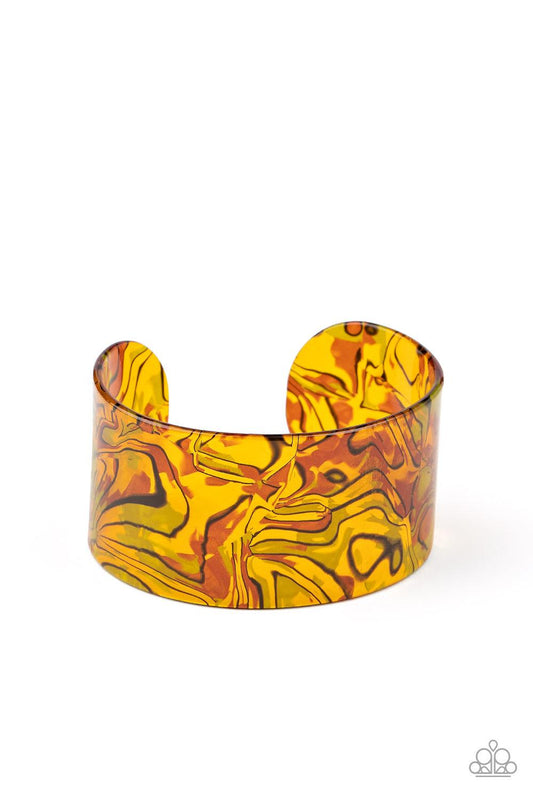 Paparazzi Accessories Cosmic Couture - Orange Featuring a retro watercolor pattern, a thick orange acrylic cuff curls around the wrist for an out-of-this-world colorful look. Sold as one individual bracelet. Jewelry