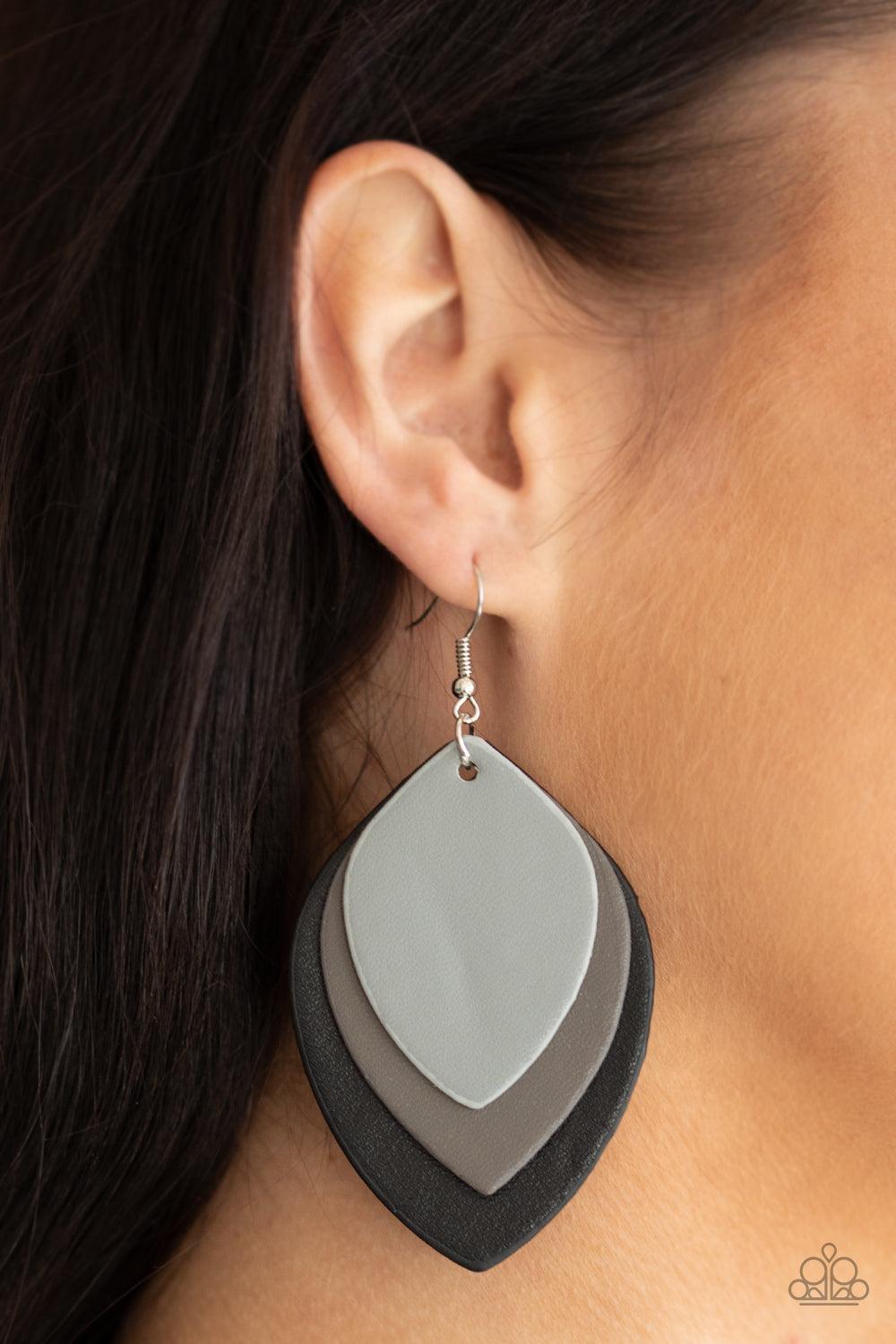 Paparazzi Accessories Light as a LEATHER - Black Leafy Ultimate Gray, gray, and black leather frames delicately layer into a seasonal lure. Earring attaches to a standard fishhook fitting. Sold as one pair of earrings. Jewelry