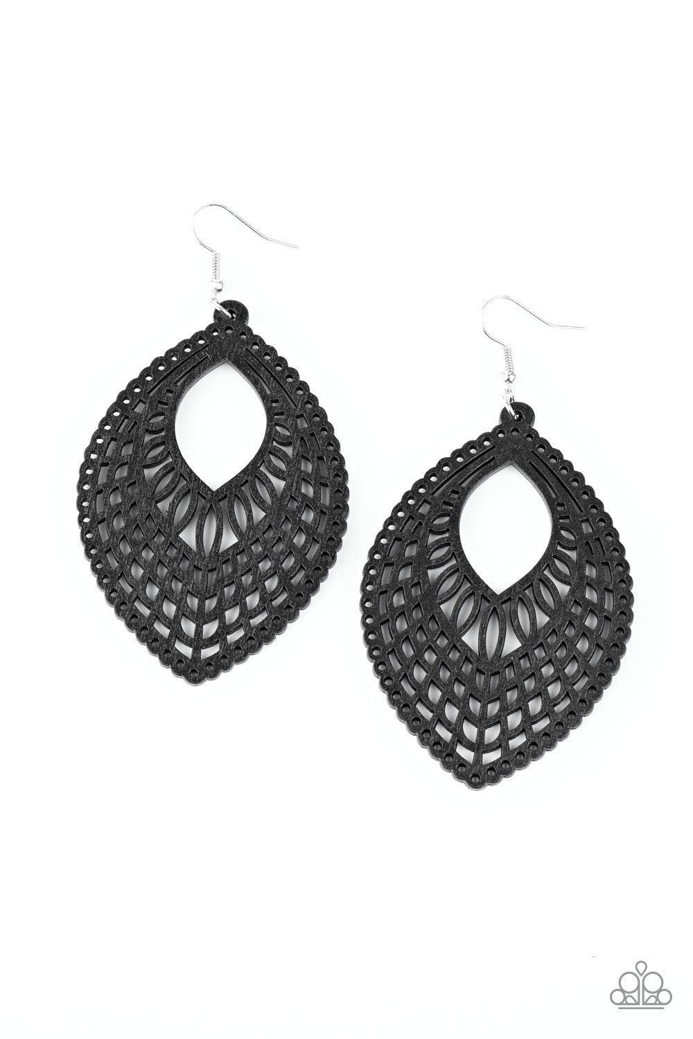 Paparazzi Accessories One Beach At A Time - Black Stenciled in an airy cutout pattern, a teardrop black wooden frame swings from the ear for a seasonal look. Earring attaches to a standard fishhook fitting. Sold as one pair of earrings. Jewelry