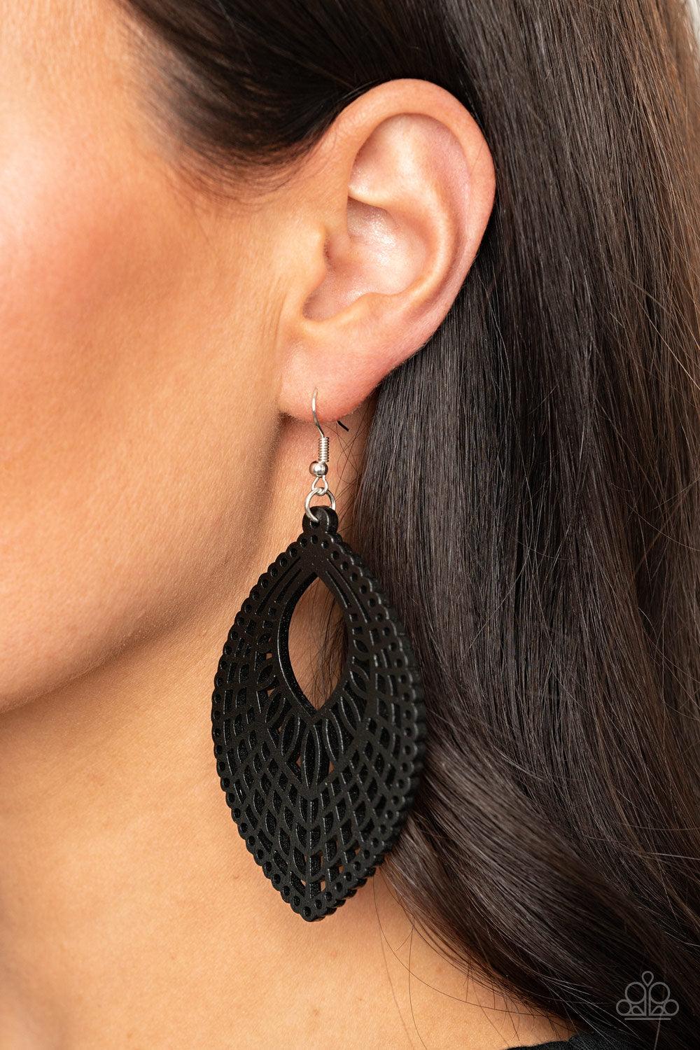 Paparazzi Accessories One Beach At A Time - Black Stenciled in an airy cutout pattern, a teardrop black wooden frame swings from the ear for a seasonal look. Earring attaches to a standard fishhook fitting. Sold as one pair of earrings. Jewelry