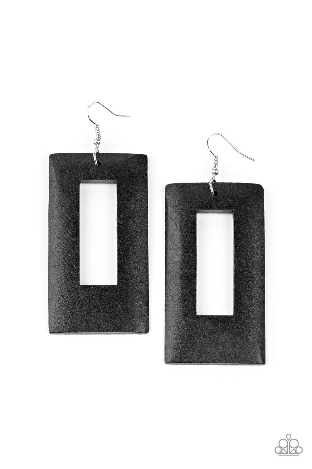Paparazzi Accessories Totally Framed - Black Brushed in a neutral black finish, a thick rectangular wooden frame swings from the ear for a retro look. Earring attaches to a standard fishhook fitting. Sold as one pair of earrings. Jewelry