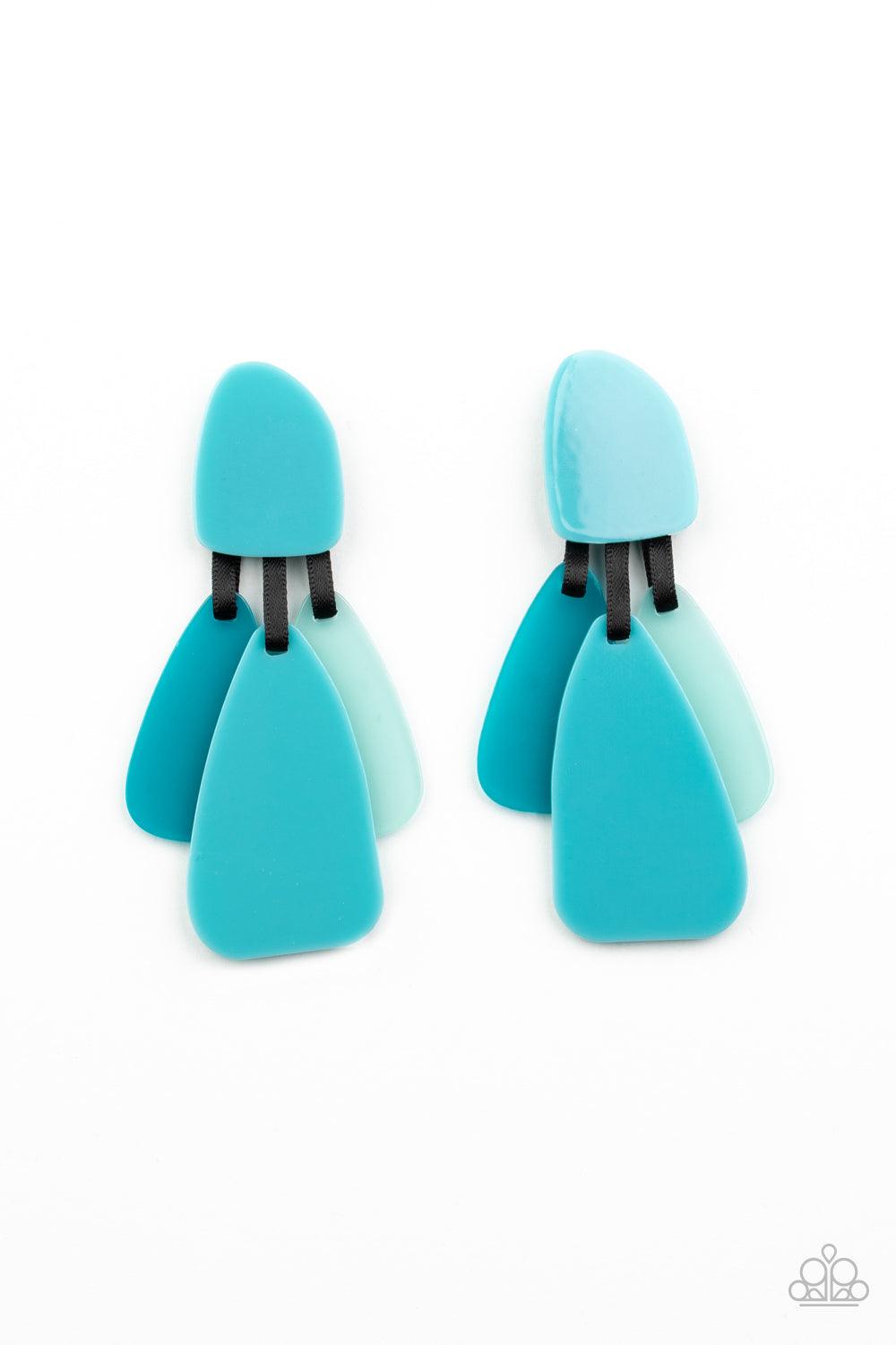 Paparazzi Accessories All FAUX One - Blue Varying in color and opacity, a refreshing collection of asymmetrically teardrop acrylic frames hang from shiny black ribbons at the bottom of a matching acrylic frame for a colorfully retro finish. Earring attach
