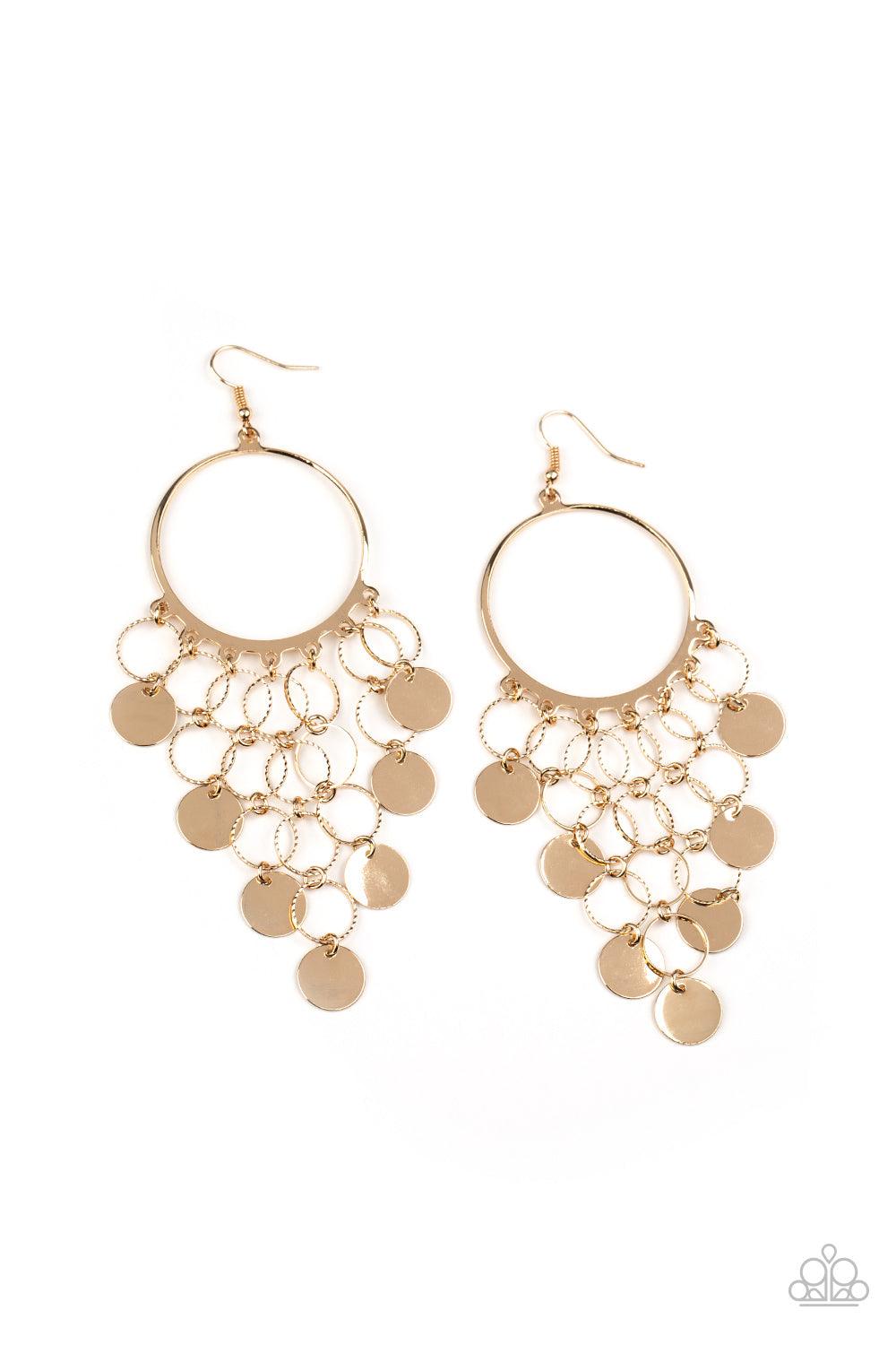Paparazzi Accessories Take a CHIME Out - Gold Chains of textured gold hoops and flat gold discs cascade from the bottom of a glistening gold hoop, creating a timelessly tapered fringe. Earring attaches to a standard fishhook fitting. Sold as one pair of e