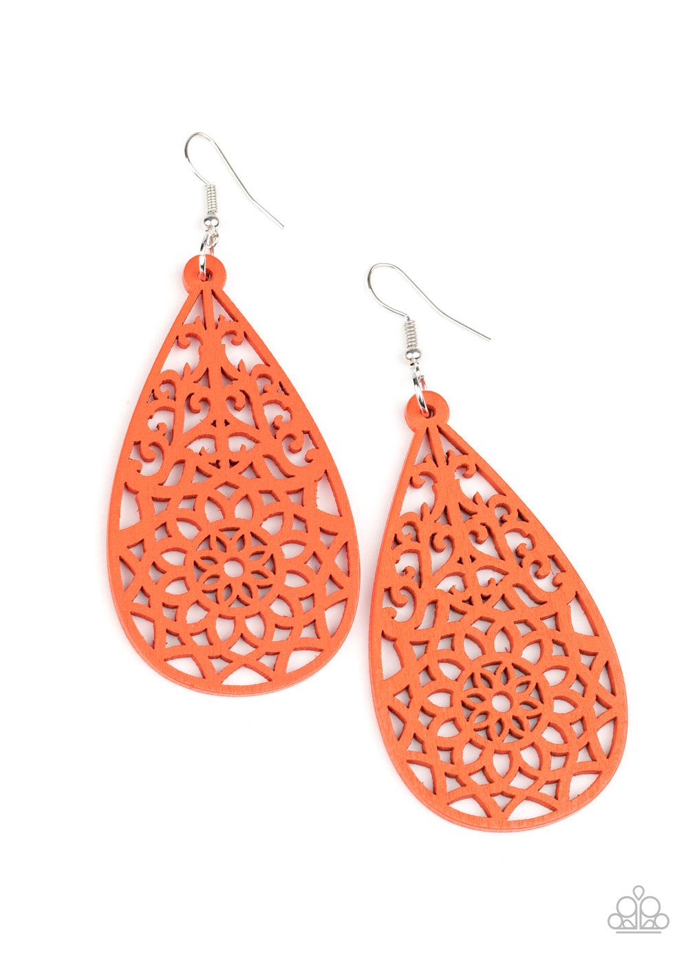 Paparazzi Accessories Seaside Sunsets - Orange A refreshing Amberglow wooden teardrop is cut into a stenciled floral pattern, creating a whimsical lure. Earring attaches to a standard fishhook fitting. Sold as one pair of earrings. Jewelry