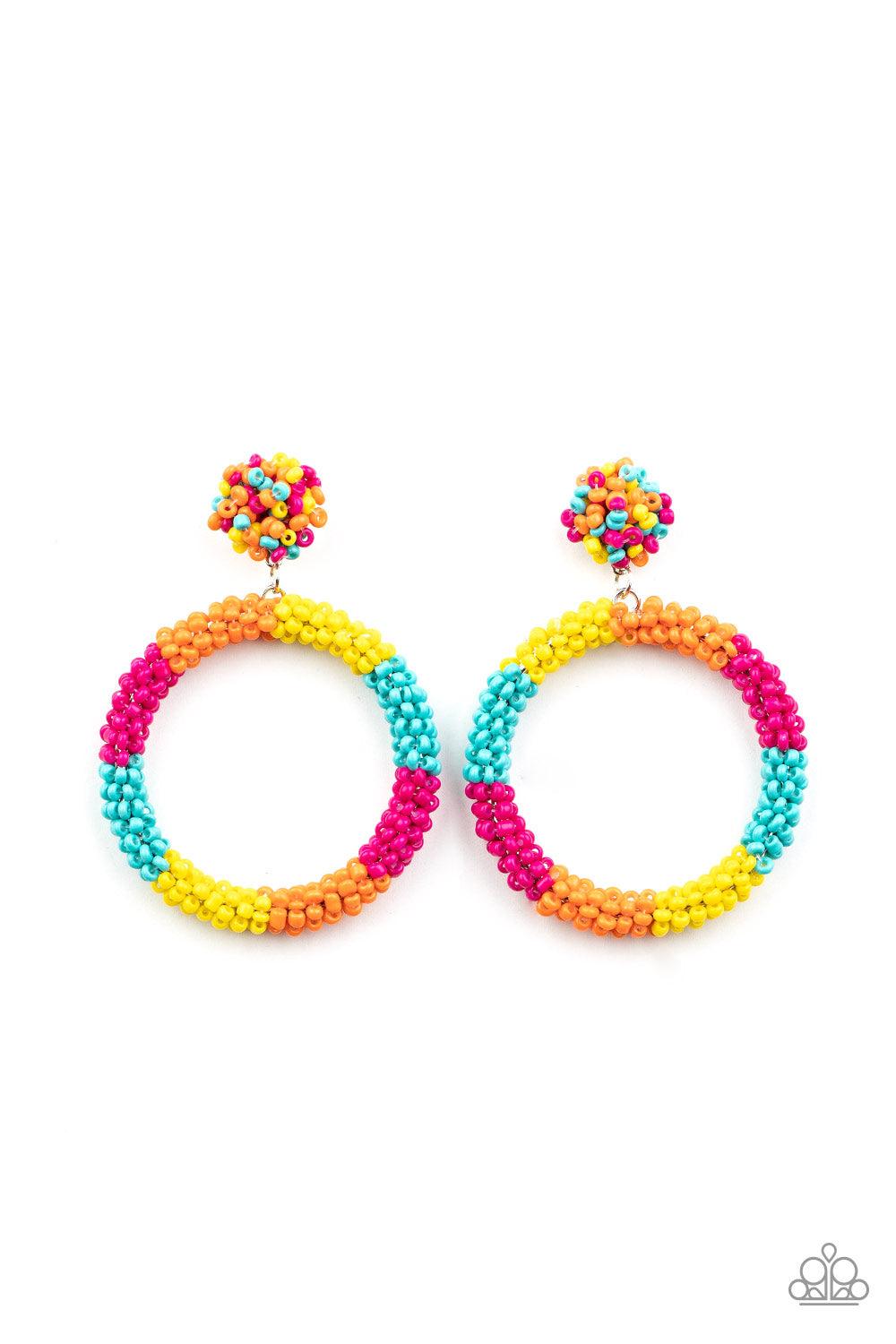 Paparazzi Accessories Be All You Can BEAD - Multi A vivacious collection of dainty yellow, turquoise, Amberglow, and Pink Peacock seed beads are woven around a circular frame at the bottom of a matching beaded fitting, creating a colorful hoop. Earring at