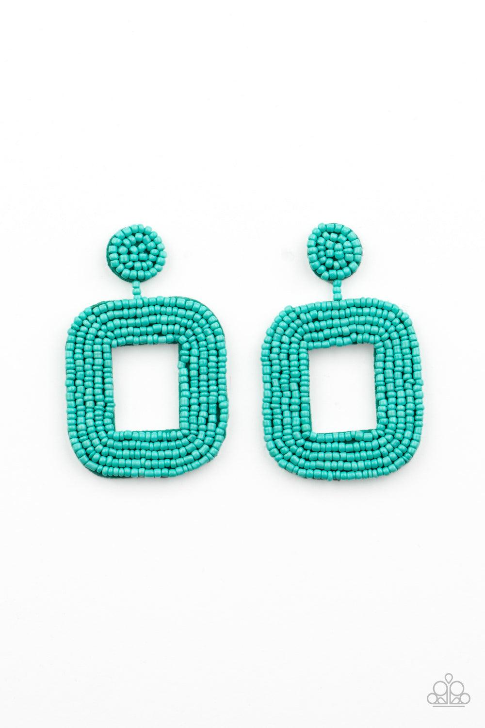 Paparazzi Accessories Beaded Bella - Blue Refreshing rows of dainty turquoise seed beads adorn the front of a rounded square frame at the bottom of a matching beaded fitting, creating a blissfully beaded look. Earring attaches to a standard post fitting.