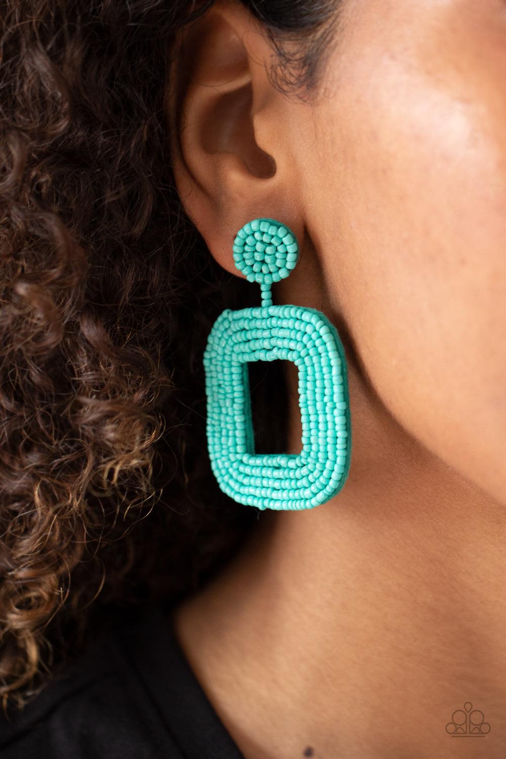 Paparazzi Accessories Beaded Bella - Blue Refreshing rows of dainty turquoise seed beads adorn the front of a rounded square frame at the bottom of a matching beaded fitting, creating a blissfully beaded look. Earring attaches to a standard post fitting.