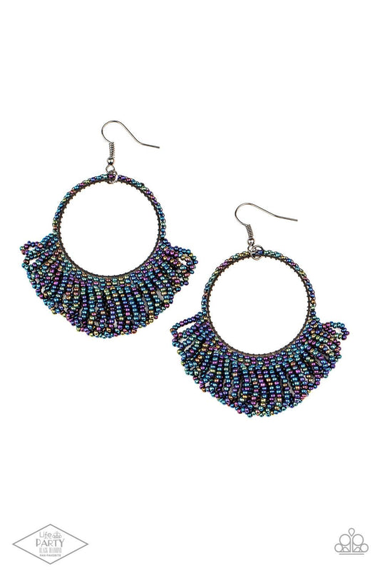 Paparazzi Accessories Cant BEAD-lieve My Eyes! - Multi Rings of dainty oil spill seed beads cascade from the bottom of a matching beaded hoop, creating a dramatically colorful fringe. Earring attaches to a standard fishhook fitting. Sold as one pair of ea