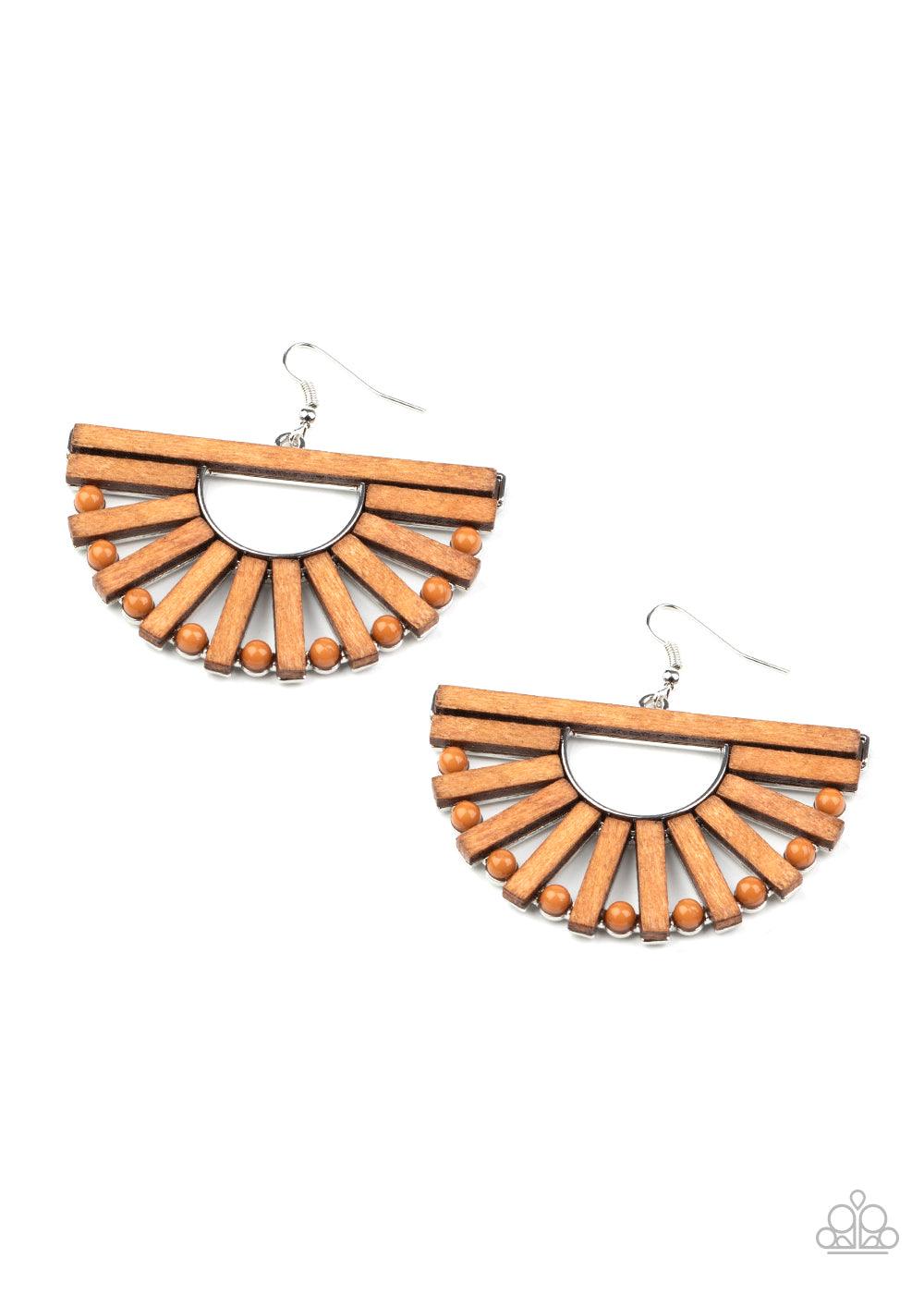 Paparazzi Accessories Wooden Wonderland - Brown Wooden rectangular frames and dainty brown beads alternate along an airy silver frame, coalescing into a radiant crescent for an earthy flair. Earring attaches to a standard fishhook fitting. Sold as one pai