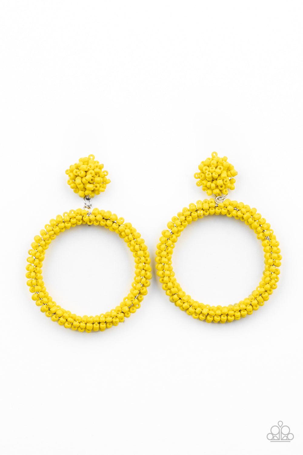 Paparazzi Accessories Be All You Can BEAD - Yellow A sunny collection of dainty yellow seed beads are woven around a circular frame at the bottom of a matching beaded fitting, creating a colorful hoop. Earring attaches to a standard post fitting. Sold as