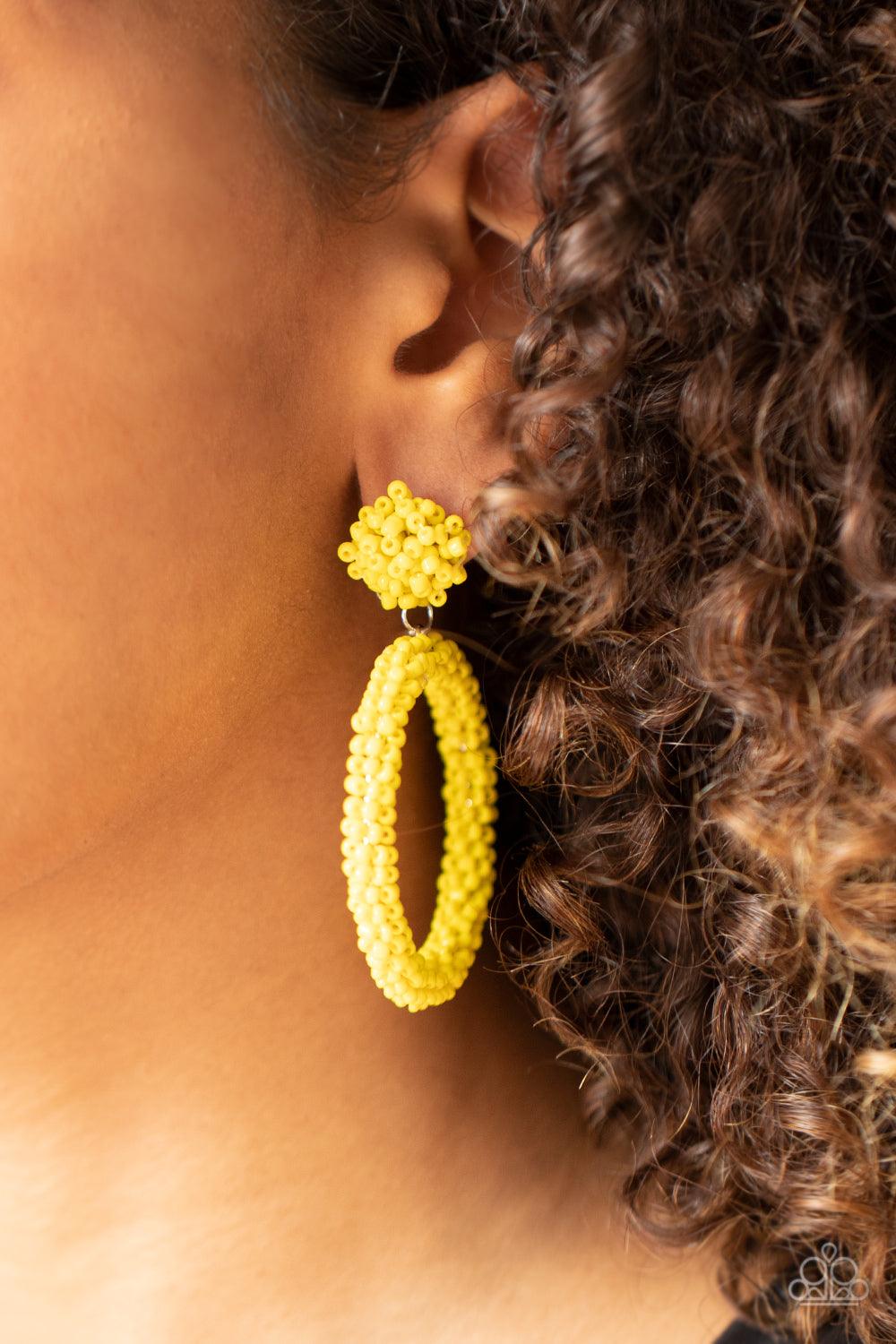 Paparazzi Accessories Be All You Can BEAD - Yellow A sunny collection of dainty yellow seed beads are woven around a circular frame at the bottom of a matching beaded fitting, creating a colorful hoop. Earring attaches to a standard post fitting. Sold as