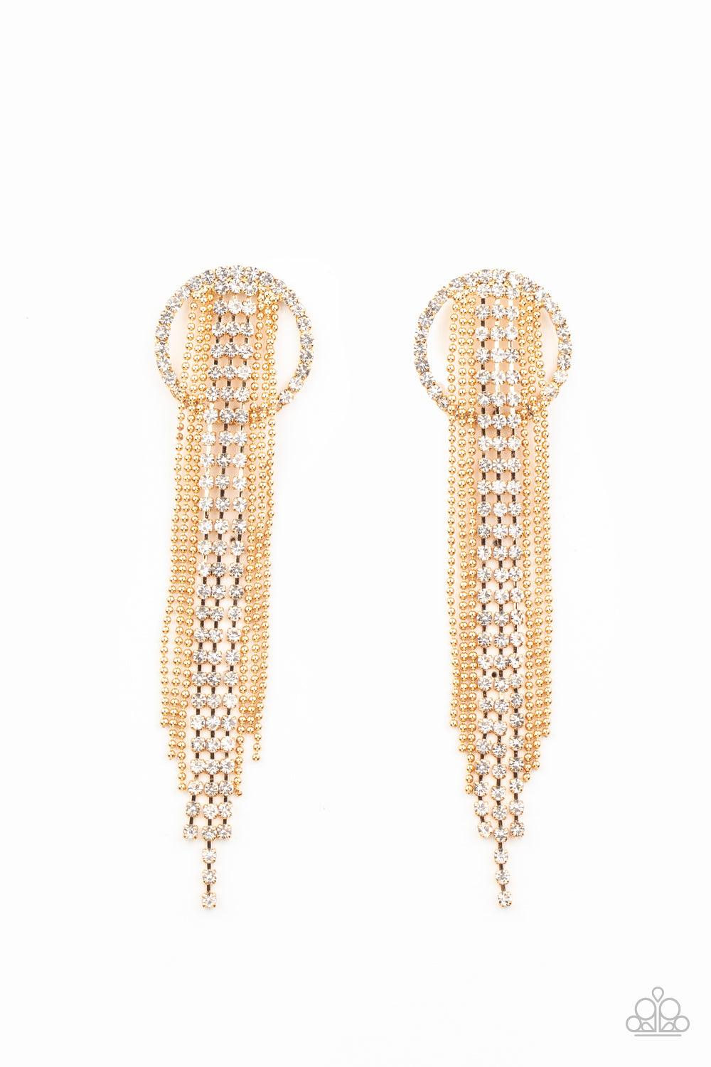 Paparazzi Accessories Dazzle by Default - Gold Dainty strands of glassy white rhinestones and shimmery gold ball-chain stream from the top of a bedazzled white rhinestone hoop, creating a dazzling fringe. Earring attaches to a standard post fitting. Sold