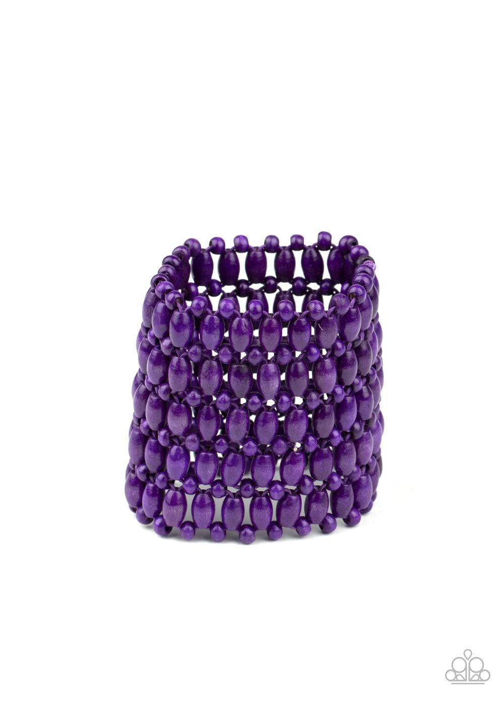 Paparazzi Accessories Way Down In Kokomo - Purple Round and oval purple wooden beads are threaded along stretchy bands that intricately weave around the wrist, coalescing into a colorful stretch bracelet. Sold as one individual bracelet. Jewelry