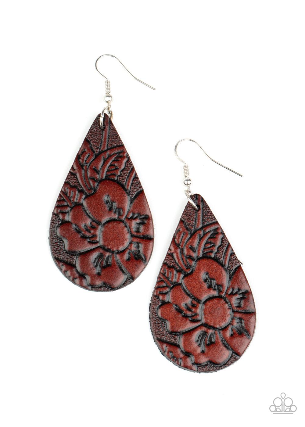 Paparazzi Accessories Beach Garden - Brown Embossed in a leafy floral pattern, an earthy brown leather teardrop swings from the ear for a whimsical look. Earring attaches to a standard fishhook fitting. Sold as one pair of earrings. Jewelry