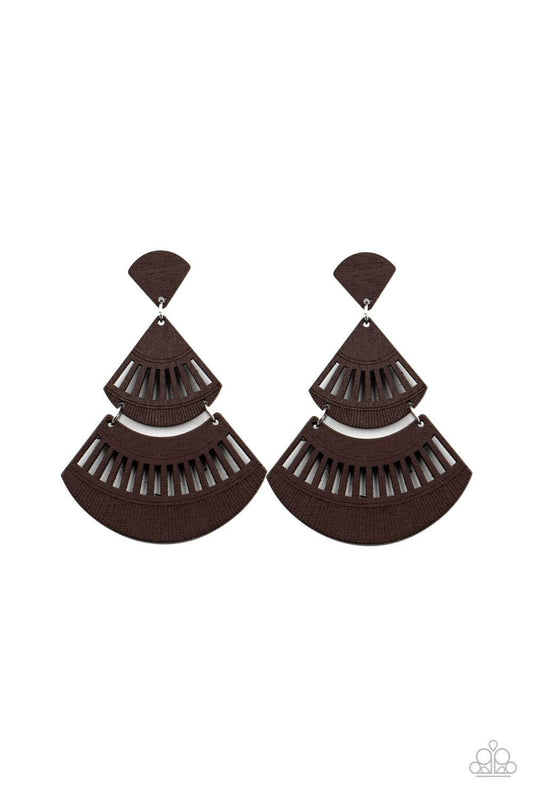 Paparazzi Accessories Oriental Oasis - Brown Stenciled in airy cutout details, an earthy collection of triangular and crescent-shaped wooden frames delicately connect into a fanned out lure. Earring attaches to a standard post fitting. Sold as one pair of