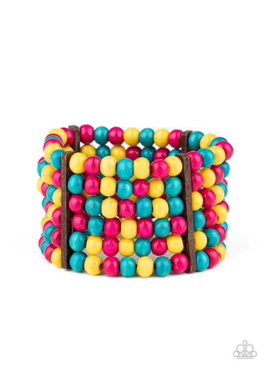 Paparazzi Accessories Tanning in Tanzania - Multi Held together with rectangular wooden fittings, strands of vivacious pink, yellow, and blue wooden beads are threaded along stretchy bands that layer around the wrist into one colorful stretch bracelet. So