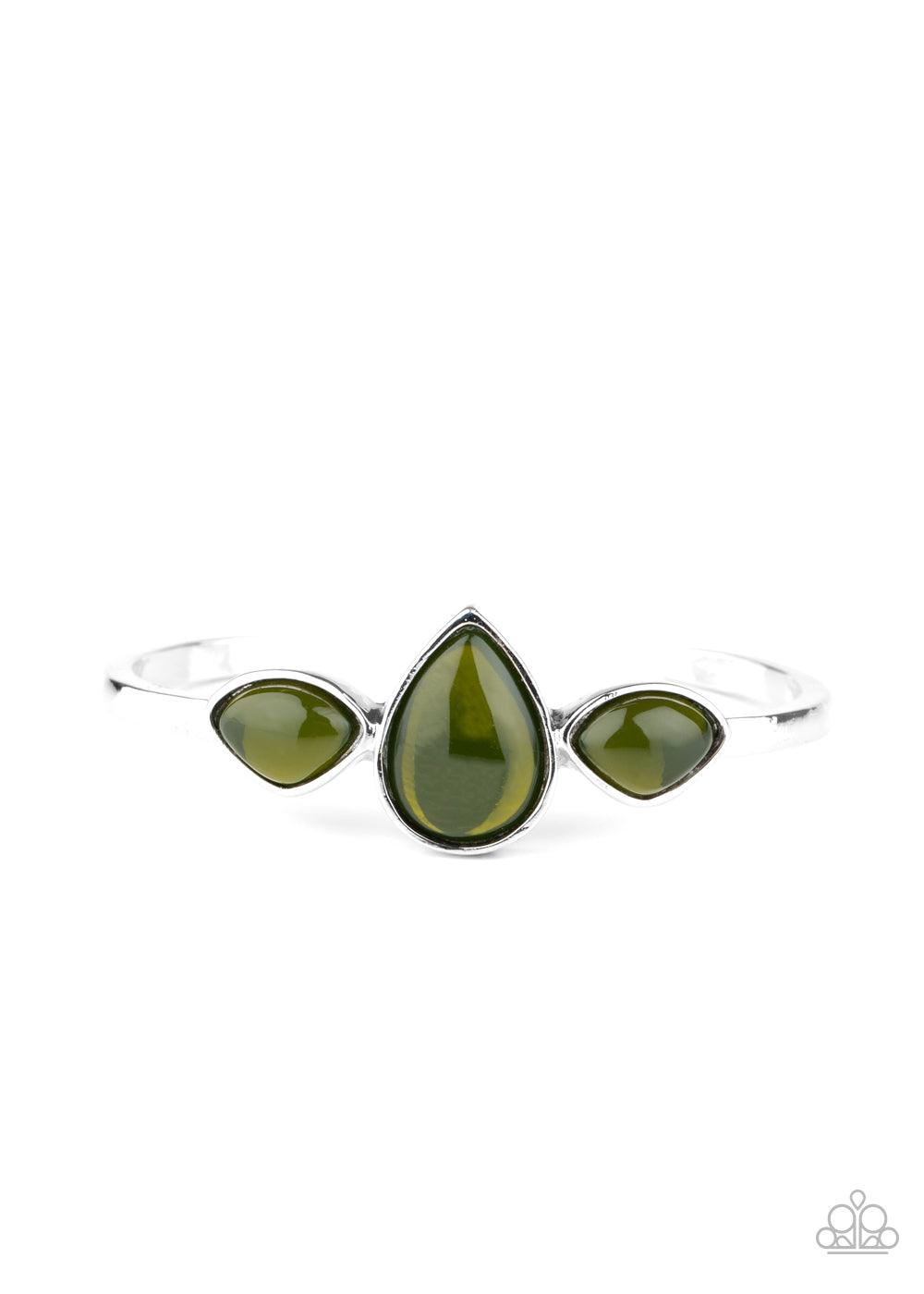 Paparazzi Accessories Boho Beach Babe - Green Oversized glassy green stones are encrusted across the center of a dainty silver cuff, creating a colorful centerpiece. Sold as one individual bracelet. Jewelry