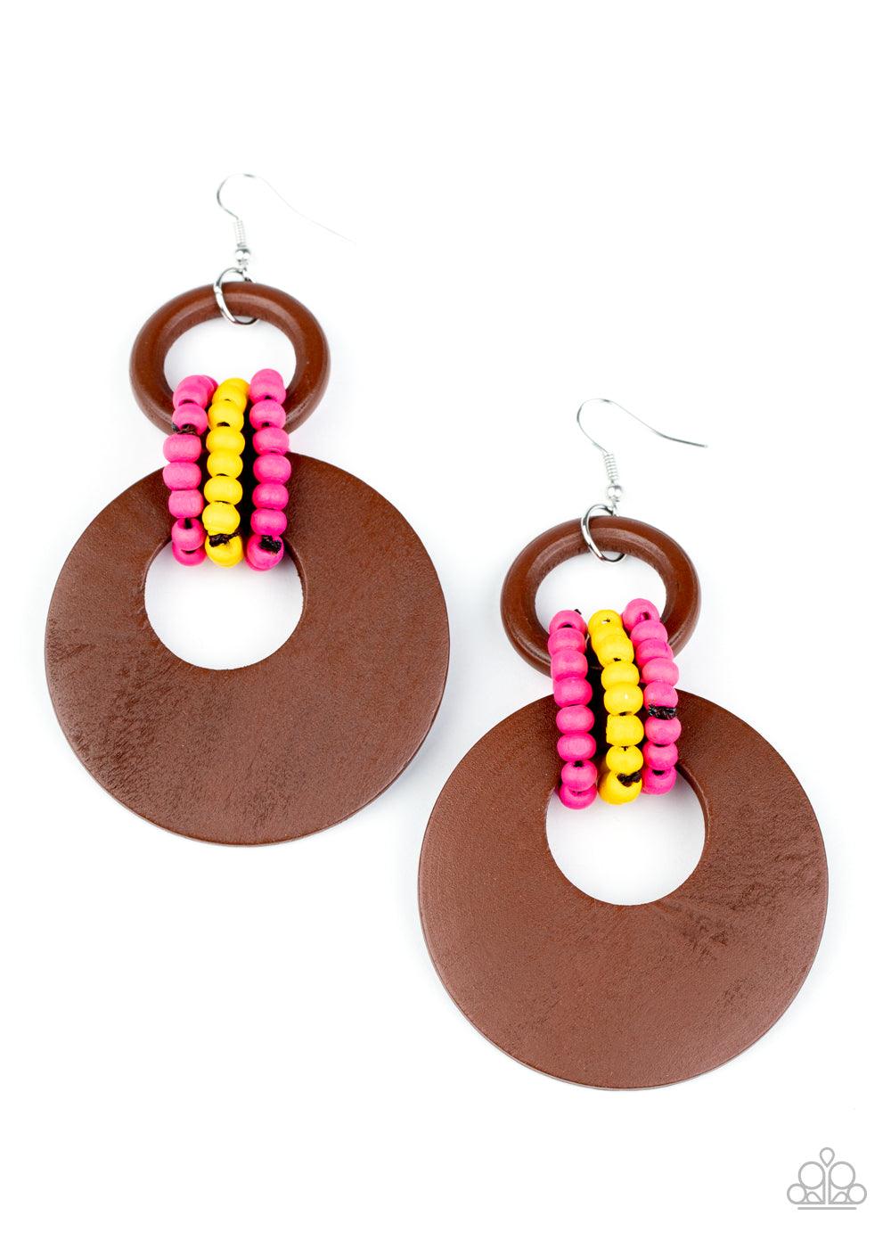 Paparazzi Accessories Beach Day Drama - Multi Pink and yellow wooden beaded links connect together a brown wooden ring and an oversized brown wooden crescent-like hoop, creating a vivaciously earthy lure. Earring attaches to a standard fishhook fitting. S