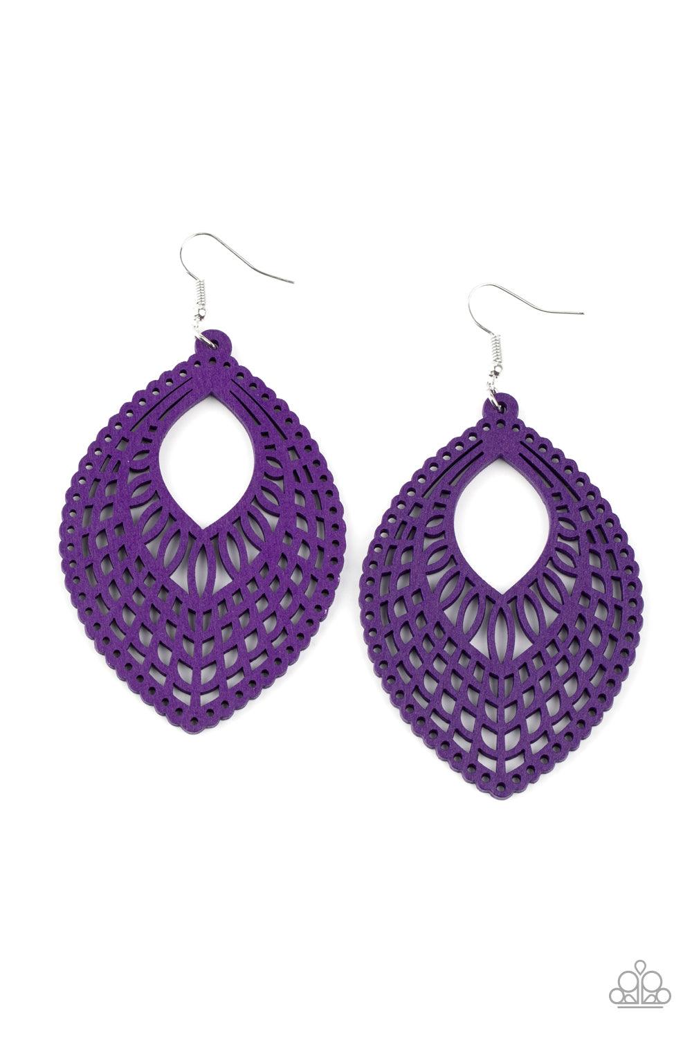 Paparazzi Accessories One Beach At A Time - Purple Stenciled in an airy cutout pattern, a teardrop purple wooden frame swings from the ear for a seasonal look. Earring attaches to a standard fishhook fitting. Sold as one pair of earrings. Jewelry
