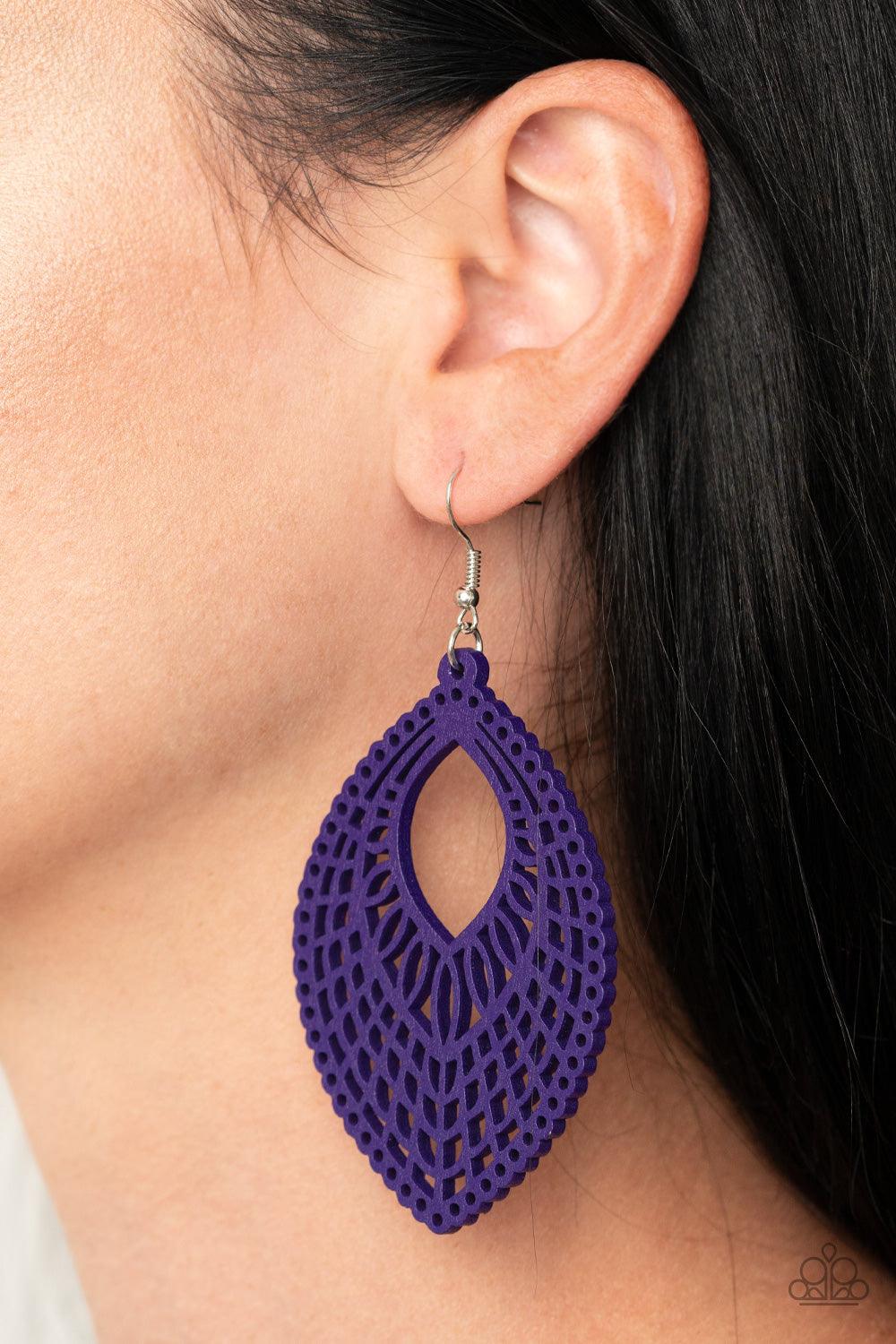 Paparazzi Accessories One Beach At A Time - Purple Stenciled in an airy cutout pattern, a teardrop purple wooden frame swings from the ear for a seasonal look. Earring attaches to a standard fishhook fitting. Sold as one pair of earrings. Jewelry