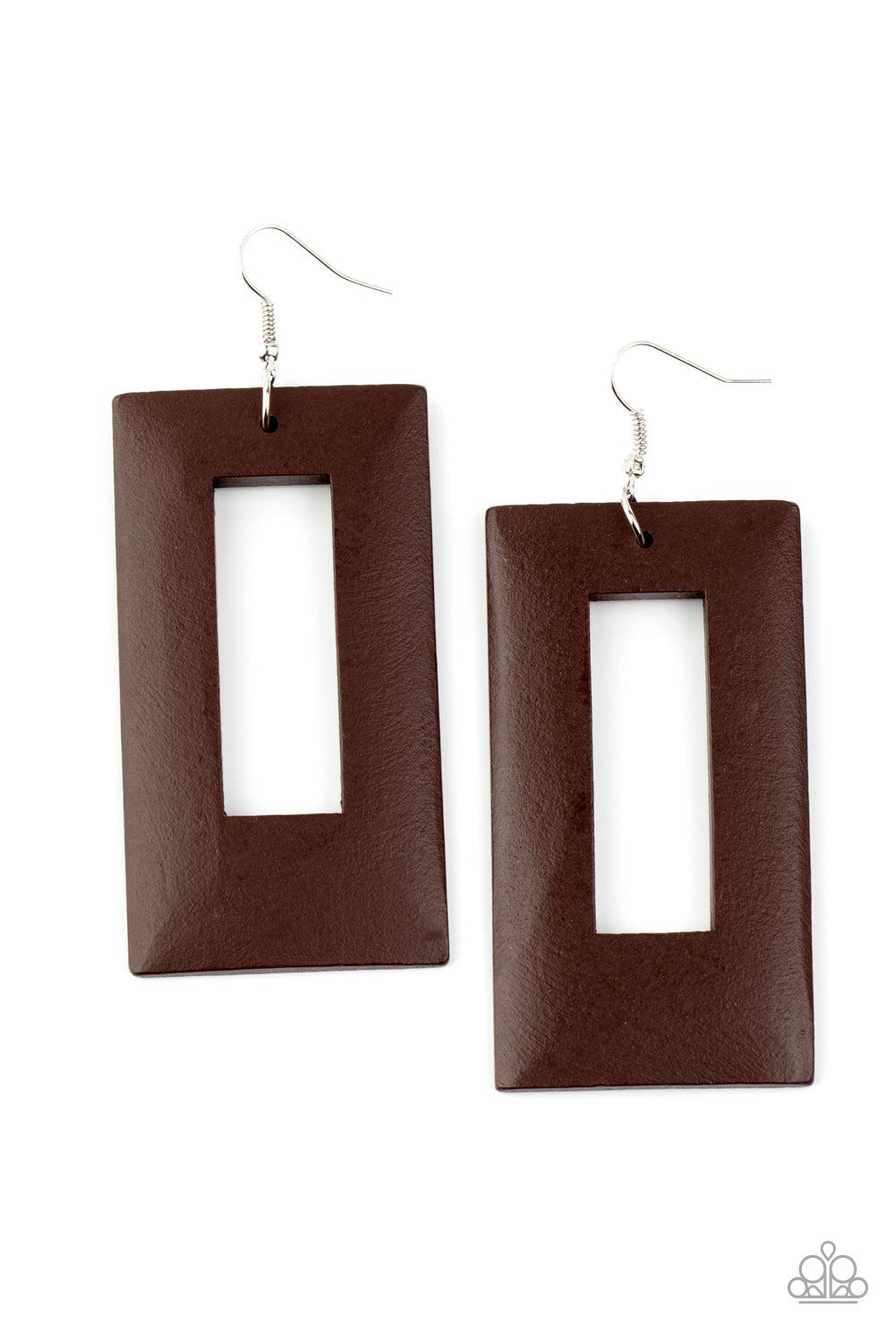 Paparazzi Accessories Totally Framed - Brown Brushed in a neutral brown finish, a thick rectangular wooden frame swings from the ear for a retro look. Earring attaches to a standard fishhook fitting. Sold as one pair of earrings. Jewelry