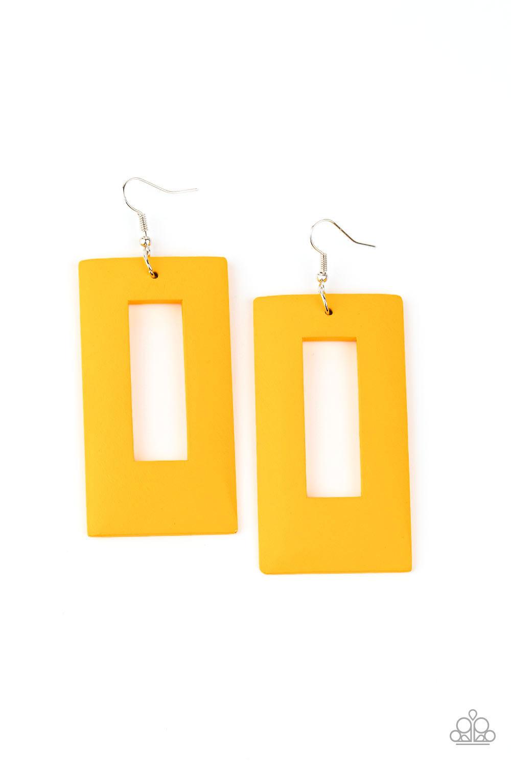 Paparazzi Accessories Totally Framed - Yellow Brushed in a sunny yellow finish, a thick rectangular wooden frame swings from the ear for a retro look. Earring attaches to a standard fishhook fitting. Sold as one pair of earrings. Jewelry