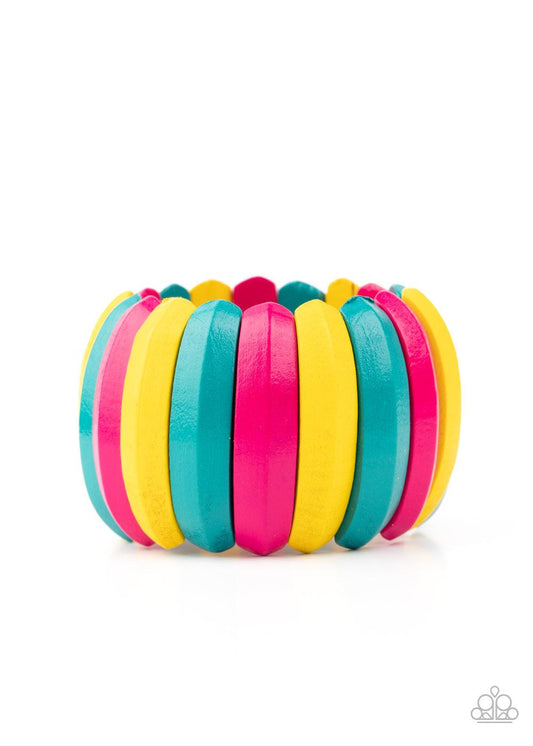 Paparazzi Accessories Colorfully Congo - Multi Painted in blue, yellow, and Pink Peacock finishes, beveled wooden frames are threaded along stretchy bands around the wrist for a summery look Sold as one individual bracelet. Bracelets
