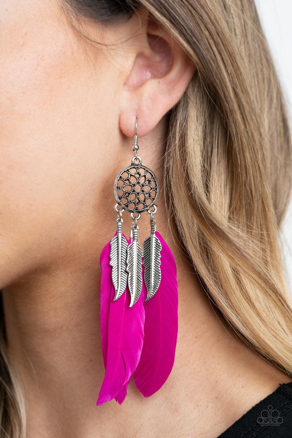 Paparazzi Accessories In Your Wildest DREAM-CATCHERS - Pink Flamboyant Pink Peacock feathers and antiqued silver feather charms swing from the bottom of an ornate silver frame, creating a wildly colorful dream-catcher. Earring attaches to a standard fishh