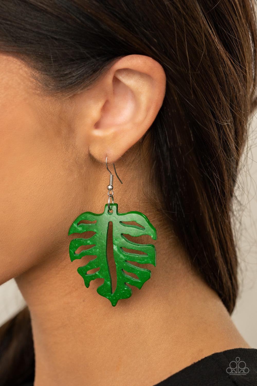 Paparazzi Accessories Shake Your PALMS PALMS - Green Painted in a distressed green finish, an airy palm leaf frame swings from the ear for a colorfully seasonal look. Earring attaches to a standard fishhook fitting. Sold as one pair of earrings. Jewelry