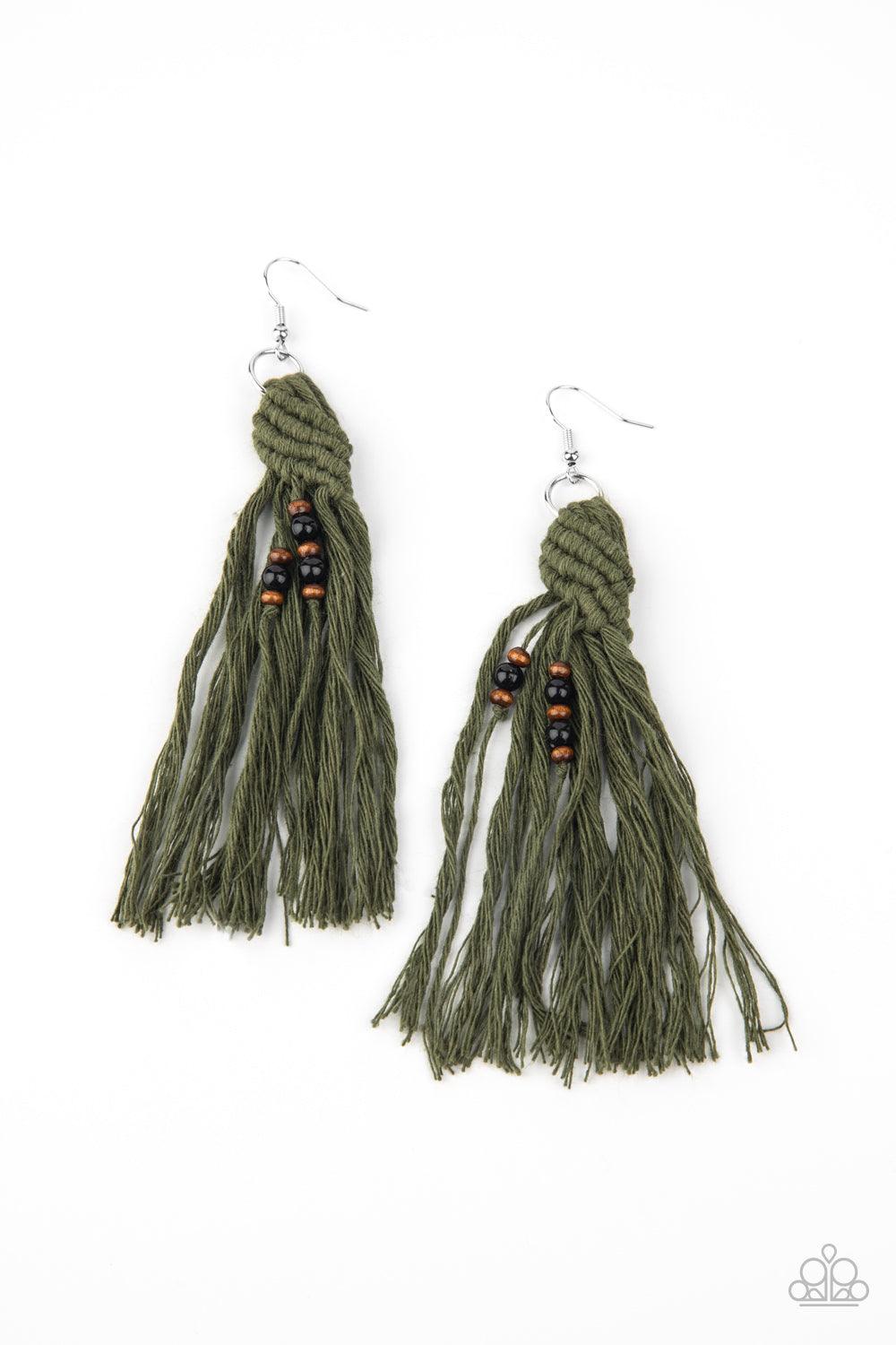 Paparazzi Accessories Beach Bash - Green Dainty wooden and glassy black beads are knotted in place along a knotted Military Olive tassel, creating a beach inspired macramé centerpiece. Earring attaches to a standard fishhook fitting. Sold as one pair of e