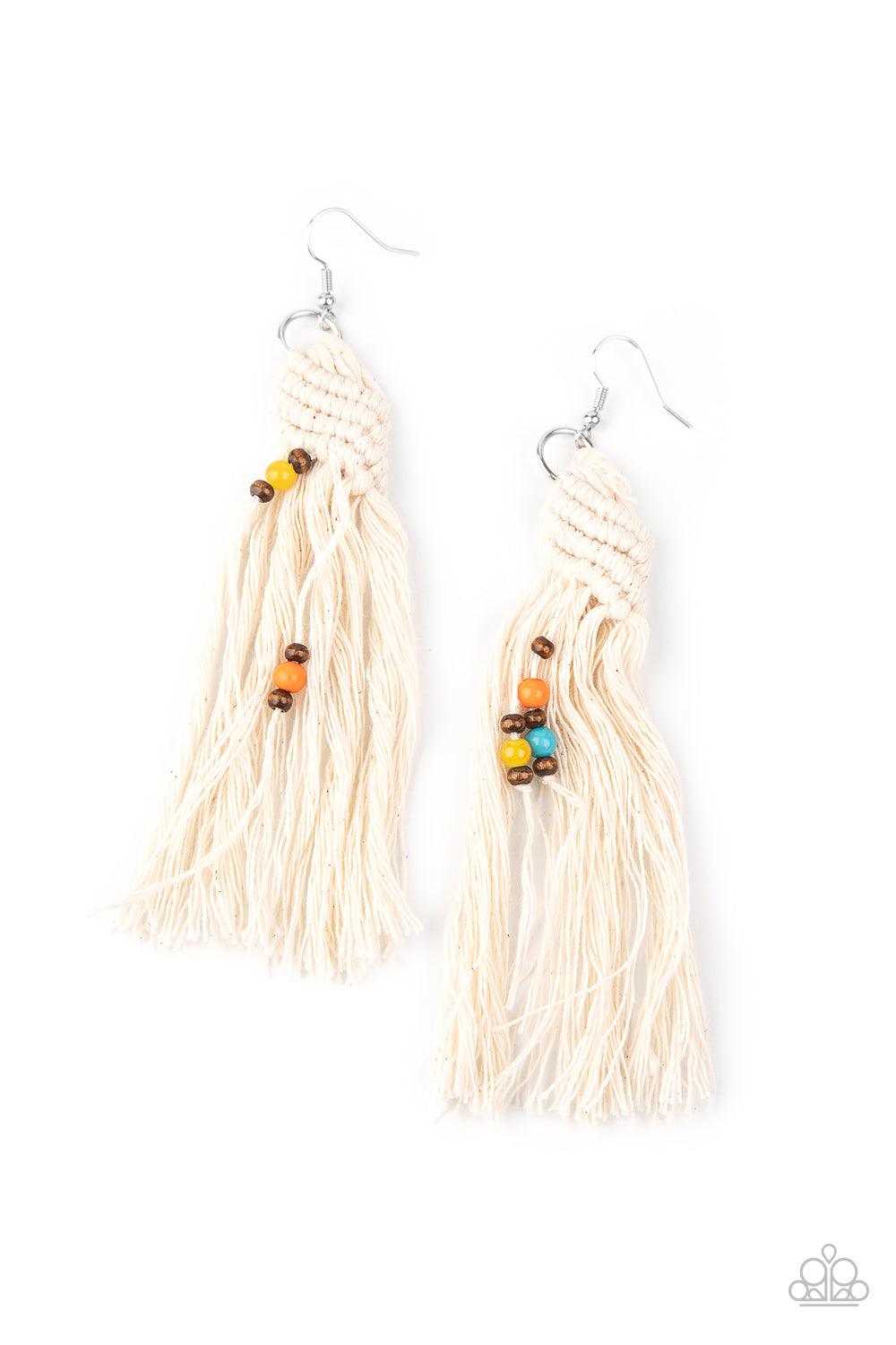 Paparazzi Accessories Beach Bash - Multi Dainty wooden and colorful beads are knotted in place along a knotted white tassel, creating a beach inspired macramé centerpiece. Earring attaches to a standard fishhook fitting. Sold as one pair of earrings. Jewe