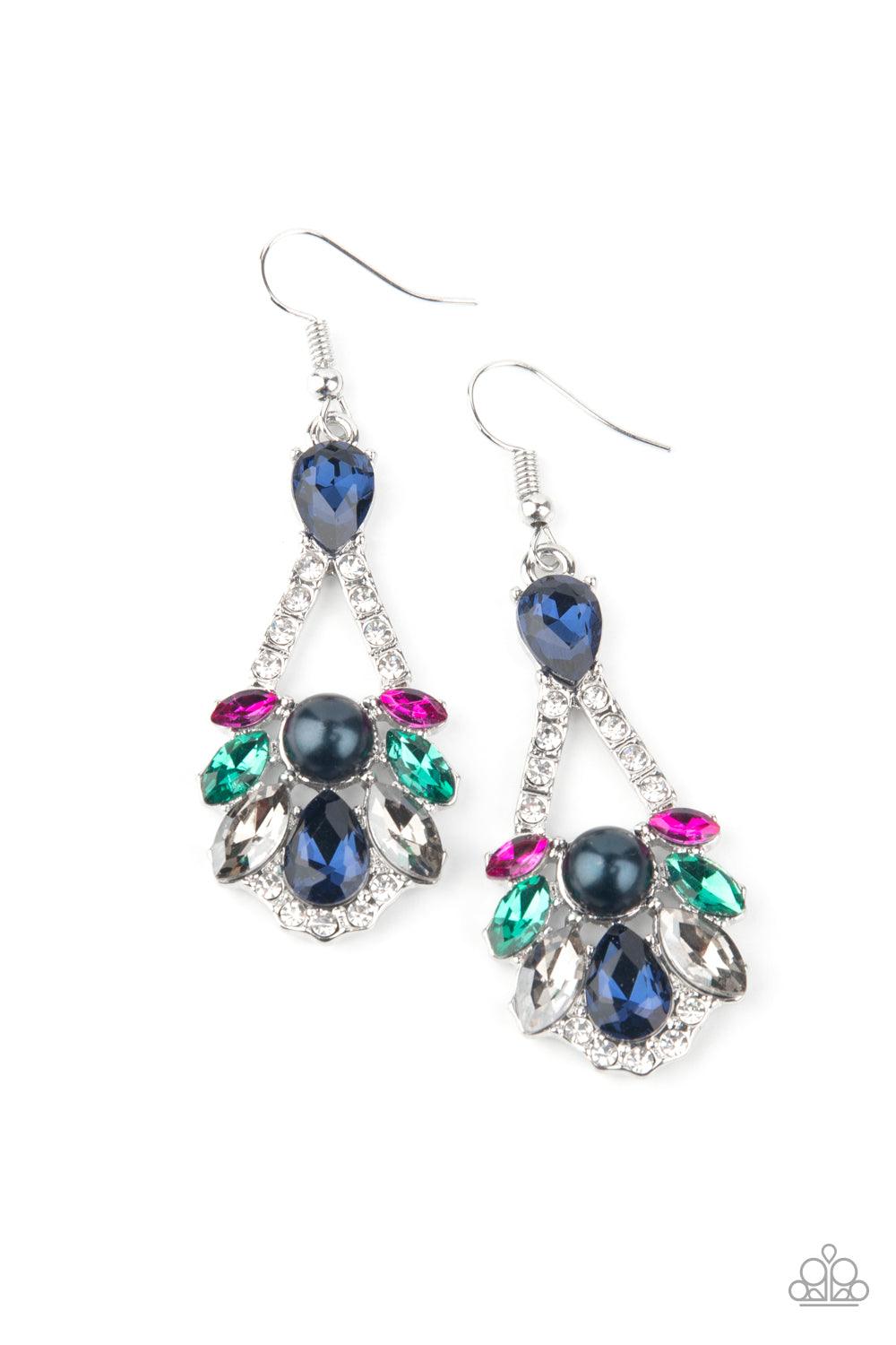 Paparazzi Accessories Prismatic Presence - Mutli A sparkly series of marquise and teardrop blue, pink, green, and smoky rhinestones embellish the front of a white rhinestone encrusted silver frame. A dainty white pearl adorns the center, adding a splash o