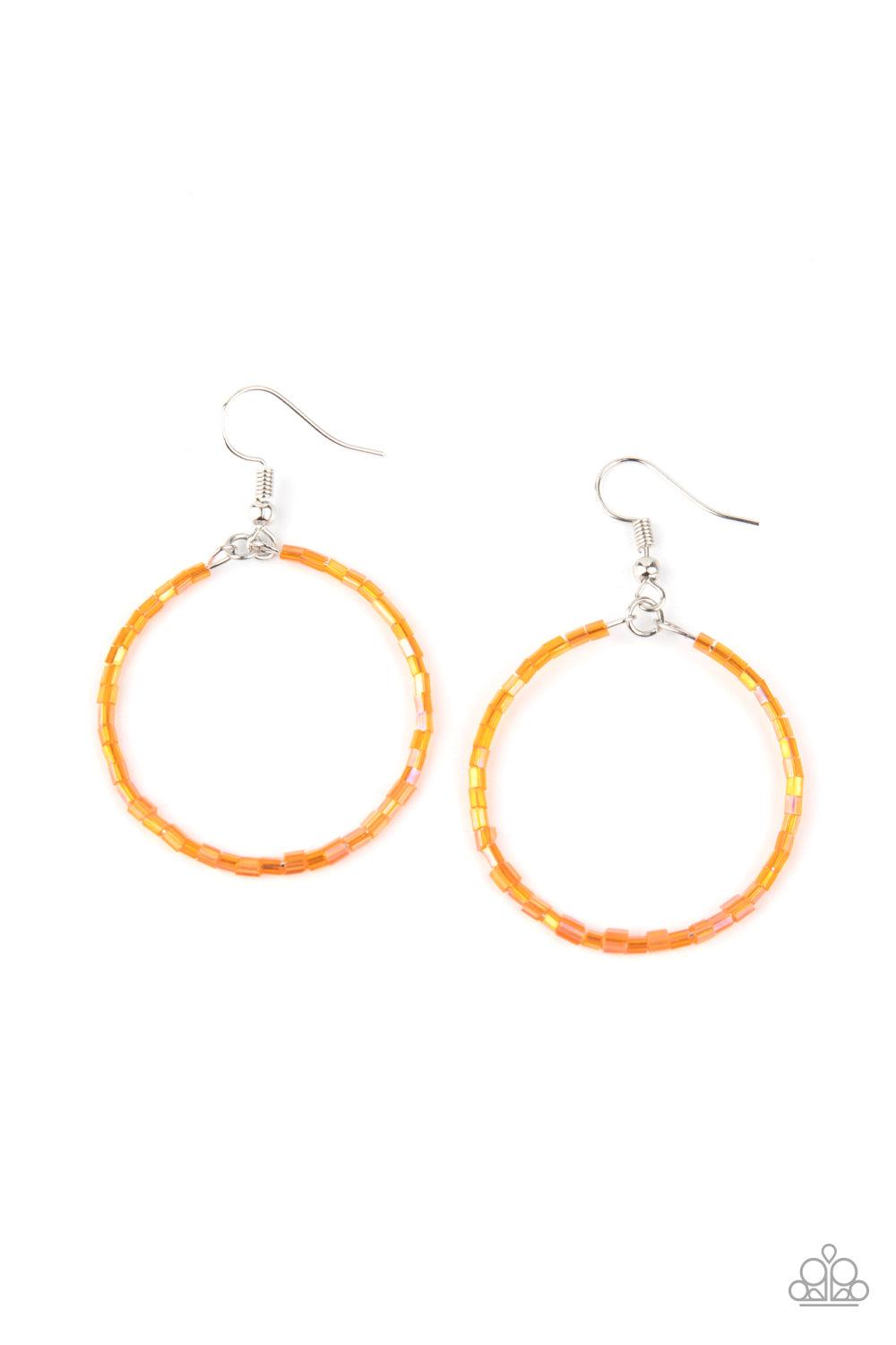 Paparazzi Accessories Colorfully Curvy - Orange Featuring an iridescent shimmer, glassy orange seed beads are threaded along a dainty wire hoop for a colorful finish. Earring attaches to a standard fishhook fitting. Sold as one pair of earrings. Jewelry