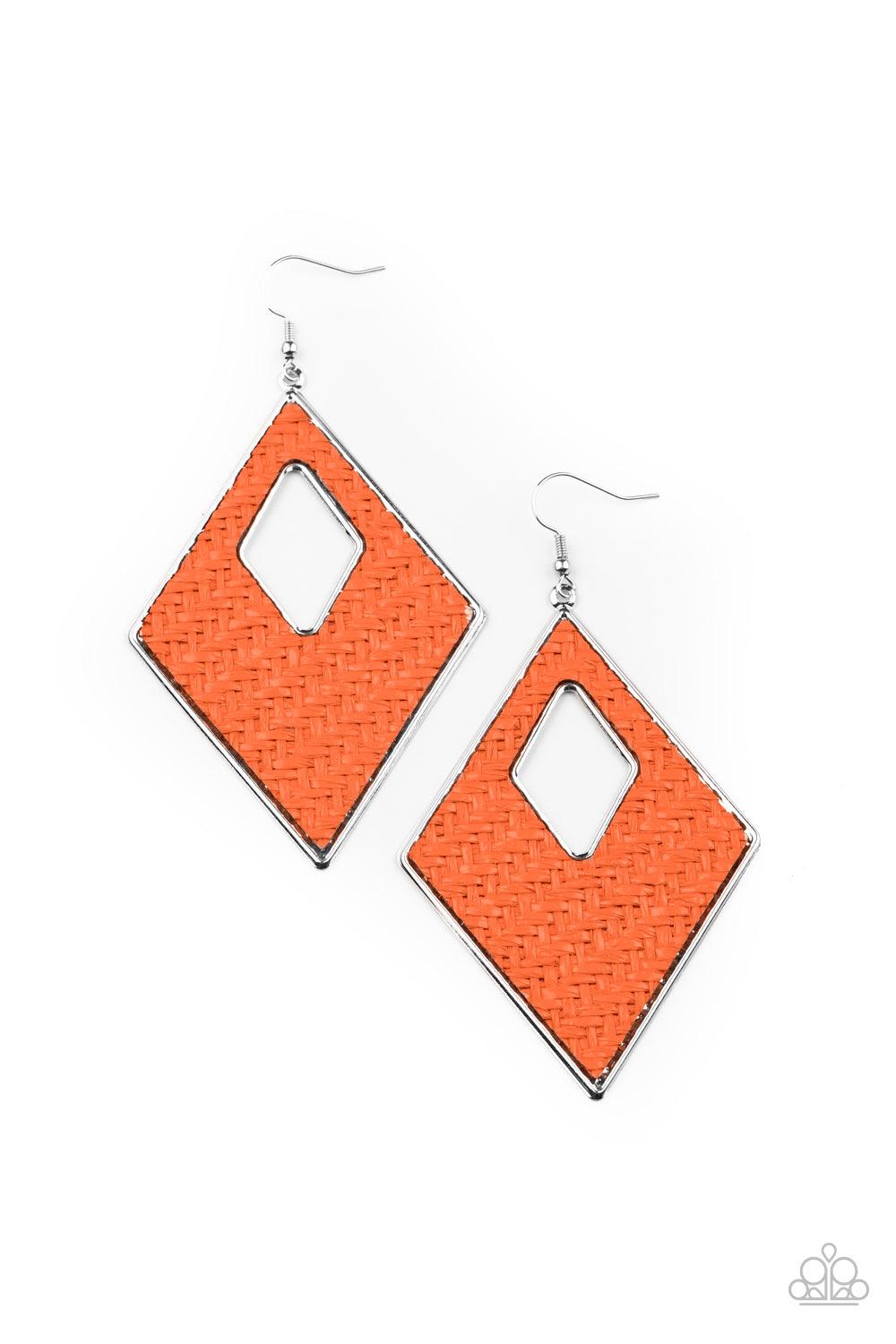 Paparazzi Accessories Woven Wanderer - Orange Featuring a wicker-like pattern, shiny Amberglow thread weaves across the front of a silver diamond-shape frame for a trendsetting look. Earring attaches to a standard fishhook fitting. Sold as one pair of ear