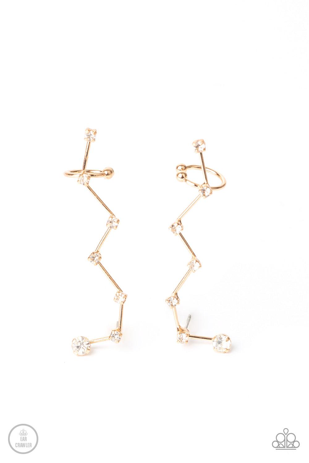 Paparazzi Accessories CONSTELLATION Prize - Gold Dotted with dainty white rhinestones, zigzagging gold bars delicately climb the ear, creating a sparkly constellation. Earring attaches to a standard post fitting. Features a dainty cuff attached to the top