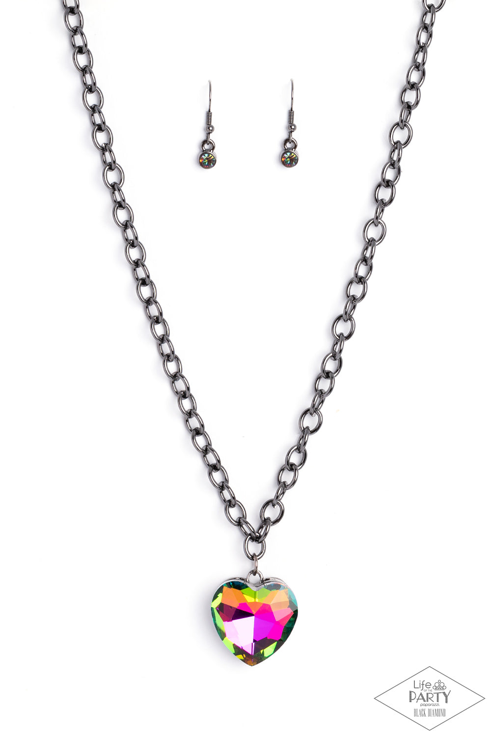 Paparazzi Accessories Flirtatiously Flashy - Multi Set atop a sleek gunmetal fitting, a glittery oil spill heart-shaped gem swings from the bottom of a classic gunmetal chain below the collar for a whimsical look. Features an adjustable clasp closure. Due