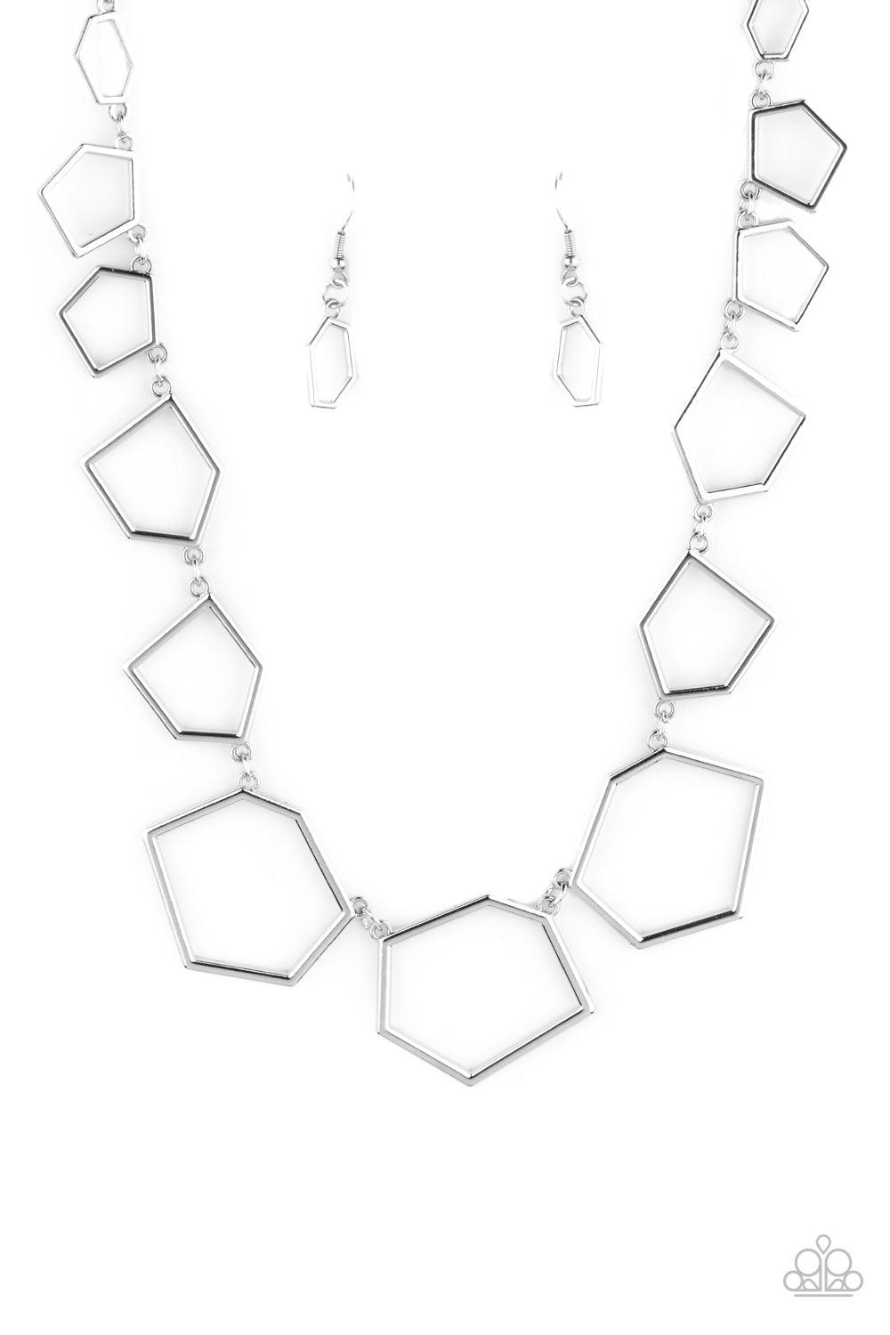 Paparazzi Accessories Full Frame Fashion - Silver An airy collection of hexagonal silver frames delicately increase in size as they link below the collar, creating a bold geometric display. Features an adjustable clasp closure. Sold as one individual neck