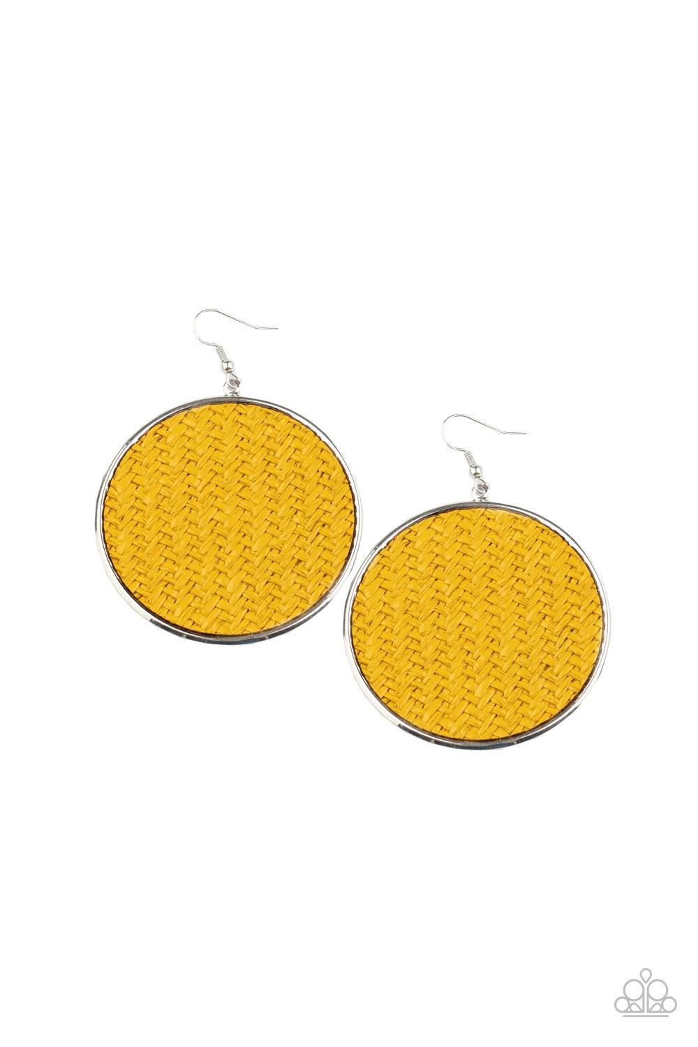Paparazzi Accessories Wonderfully Woven - Yellow Shiny yellow twine-like cording weaves across the front of an oversized silver disc for an earthy flair. Earring attaches to a standard fishhook fitting. Sold as one pair of earrings. Jewelry