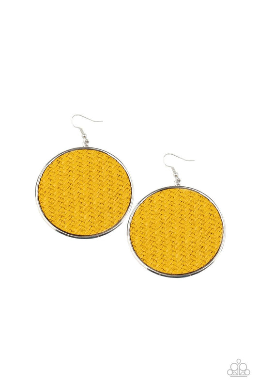 Paparazzi Accessories Wonderfully Woven - Yellow Shiny yellow twine-like cording weaves across the front of an oversized silver disc for an earthy flair. Earring attaches to a standard fishhook fitting. Sold as one pair of earrings. Jewelry
